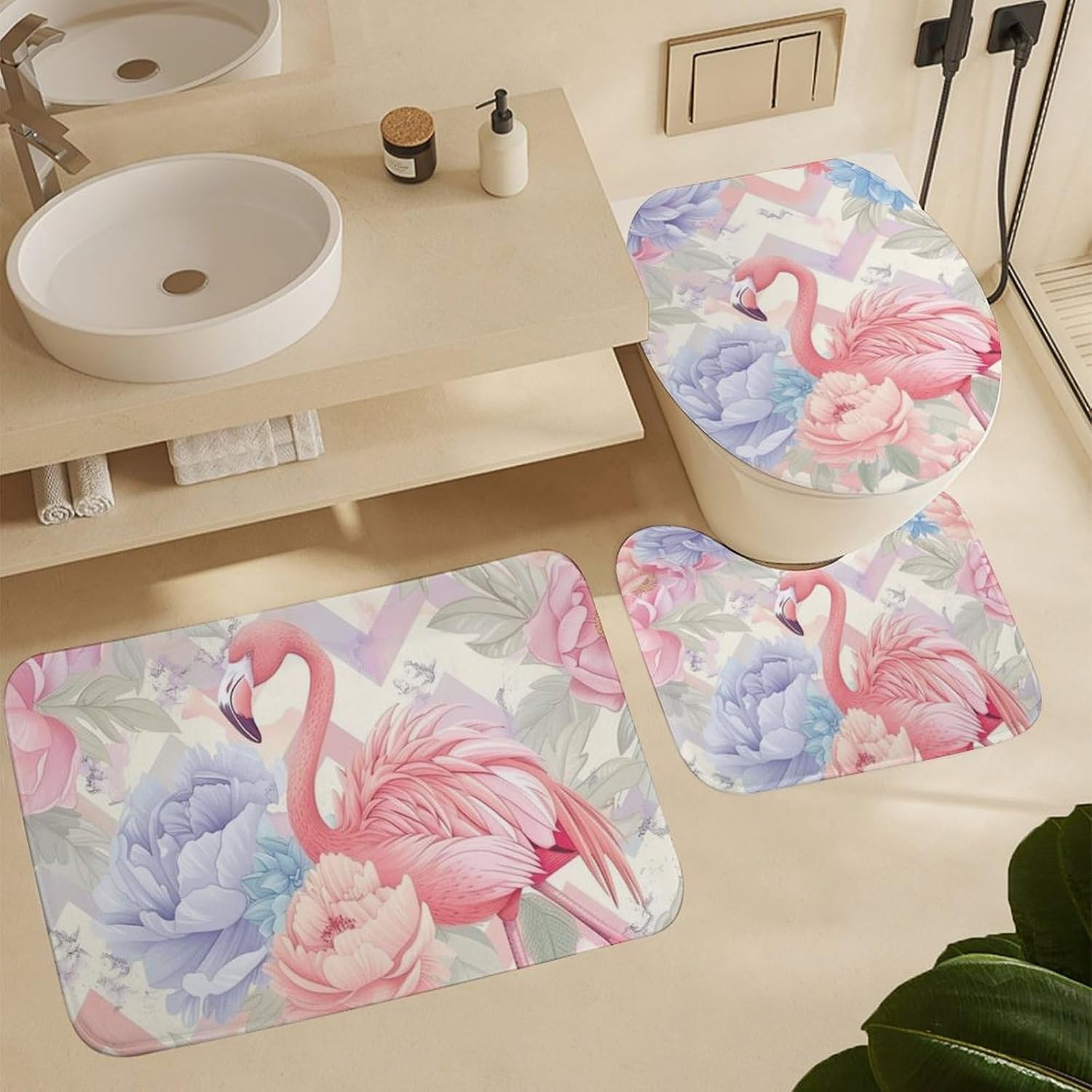 4Pcs Funny Flamingo Animal Shower Curtain Sets with Rugs, Toilet Lid Cover and Bath Mat, Glam Peony Floral Leaf Watercolor Bathroom Shower Curtains Set with 12 Hooks