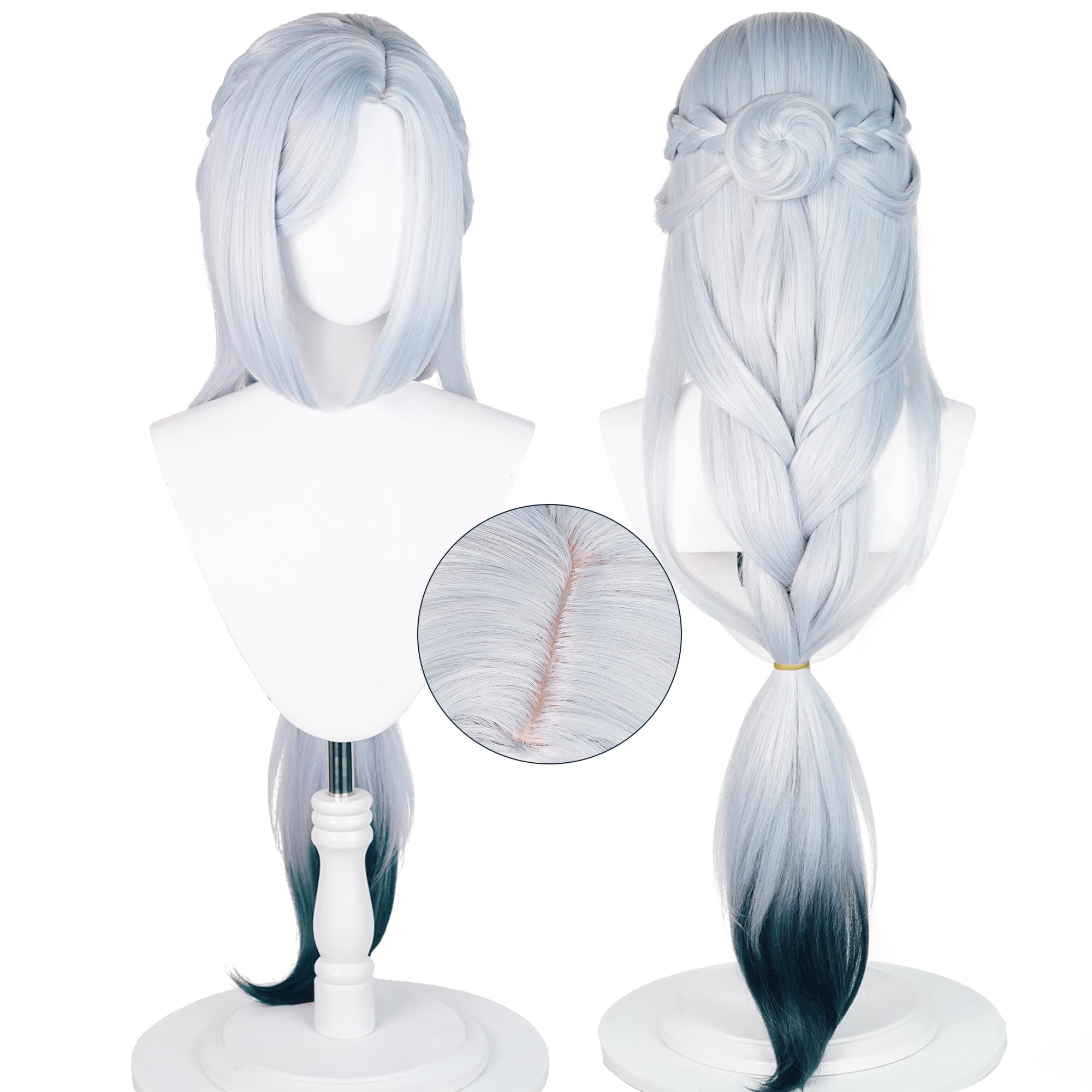 maysuwell Anime Silver Gray gradient Dark Green Wigs Women's Long Straight Hair with Buns Chinese Ancient-style Wigs Game Frostflower Dew Cosplay Wig