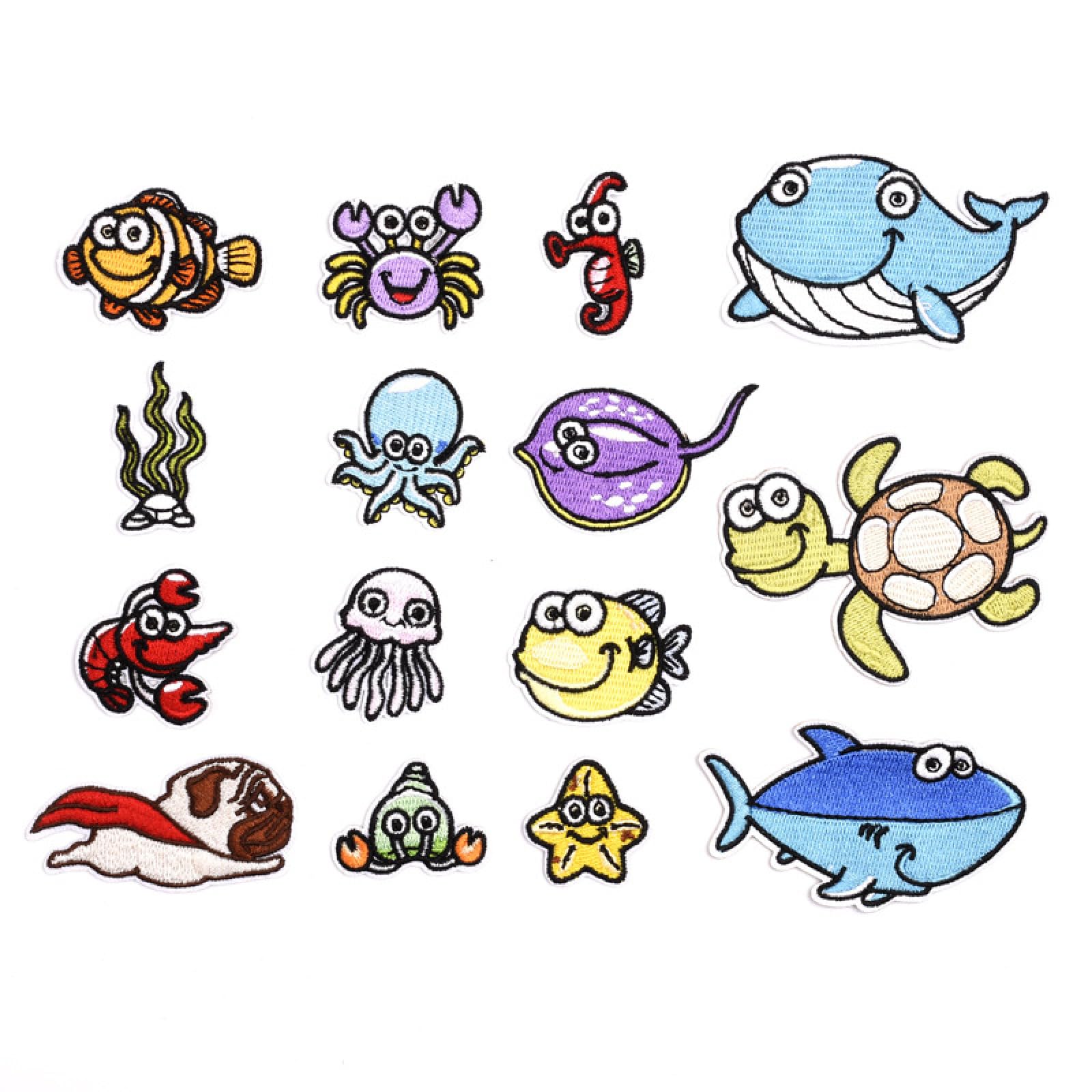 Large Iron on Patches 15PCS Embroidered Cloth Patch Embroidered Flower Badge DIY Whale Seahorse Octopus Clothing Decoration Patch Patch Hole Repair