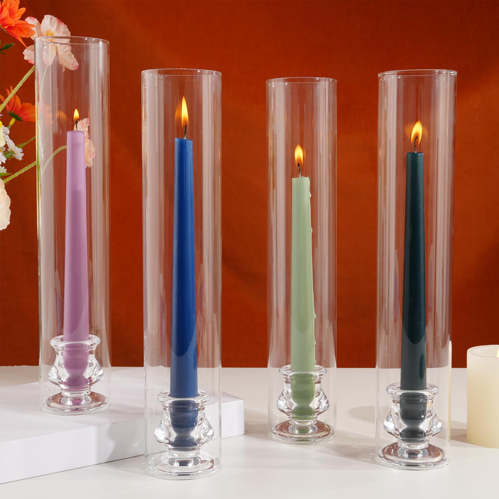 Photo 1 of Hurricane Glass Candle Holders, Set of 4 Candlestick Holders for Taper Candle with 11.8" Tall Windproof Cylinder Covers Candle Stand Bulk for Table Centerpieces on Wedding Birthday Housewarming Decor