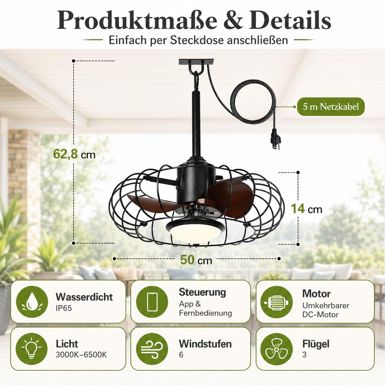 Outdoor Deckenventilator mit Beleuchtung & IP65 Wasserdicht, Fernbedienung | Deckenventilator mit Licht, Timer, Dimmbar 6 Geschwindigkeiten mit App-Steuerung, Perfekt für Pavillon, Terrasse & Veranda