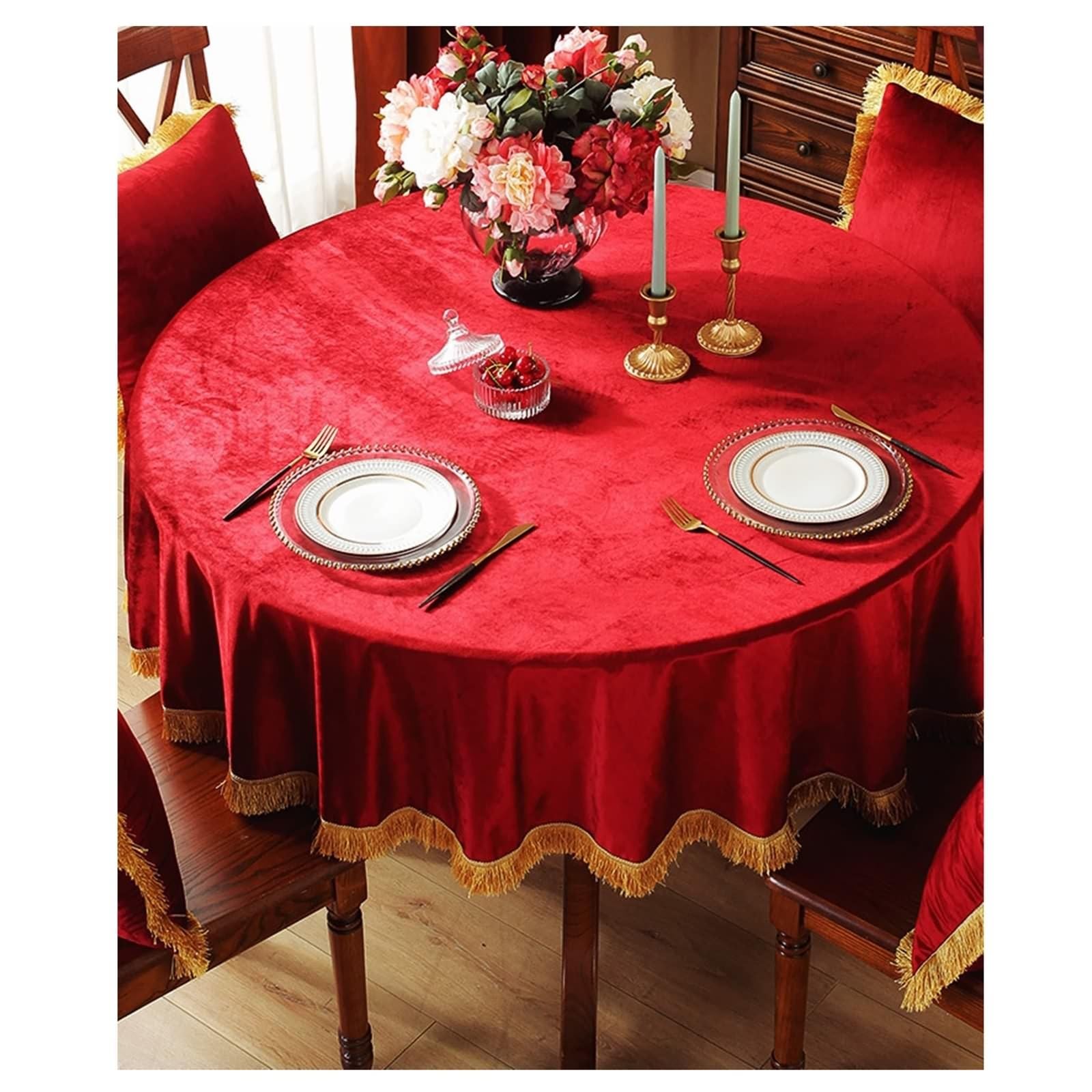 Tischtuch Rund 160 cm, Tischdecke Abwaschbar Polyester 2-4 Personen Einfarbiges Rot mit Quasten Tischdecke für Couchtisch