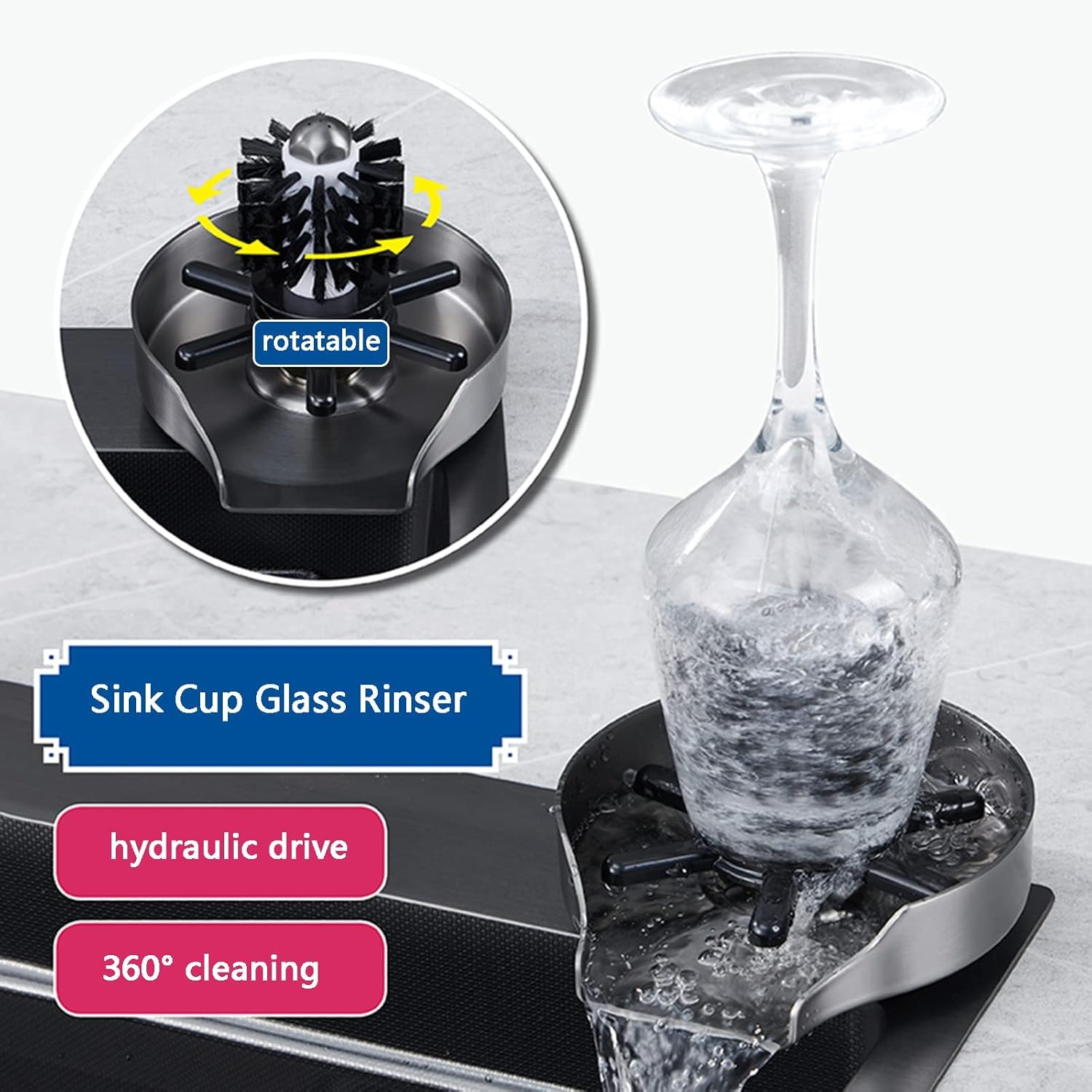 Enjuagador de Vasos de Acero Inoxidable para Fregadero, lavavasos para Accesorios de Cocina, Incluye Cepillo para Uso en Bares, cafeterías y restaurantes. (Gray)