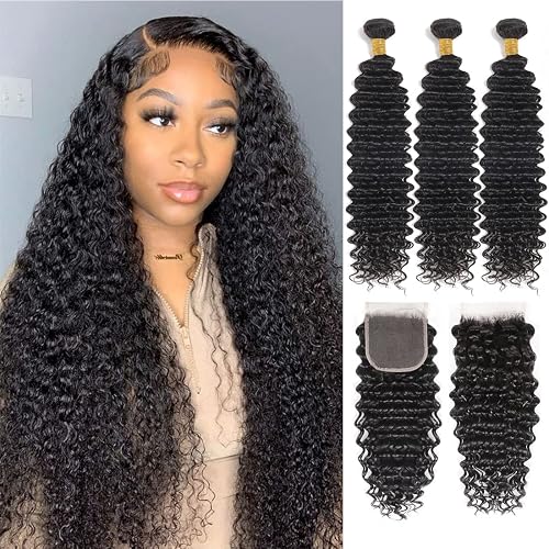 Deep Wave Bundles with Closure Human Hair (22 24 26+20 Closure) Deep Wave 3 Bundles and Closure 100% Brazilian Virgin Remy Hair 4x4 Deep Curly Lace Closure with Baby Hair Natural Color