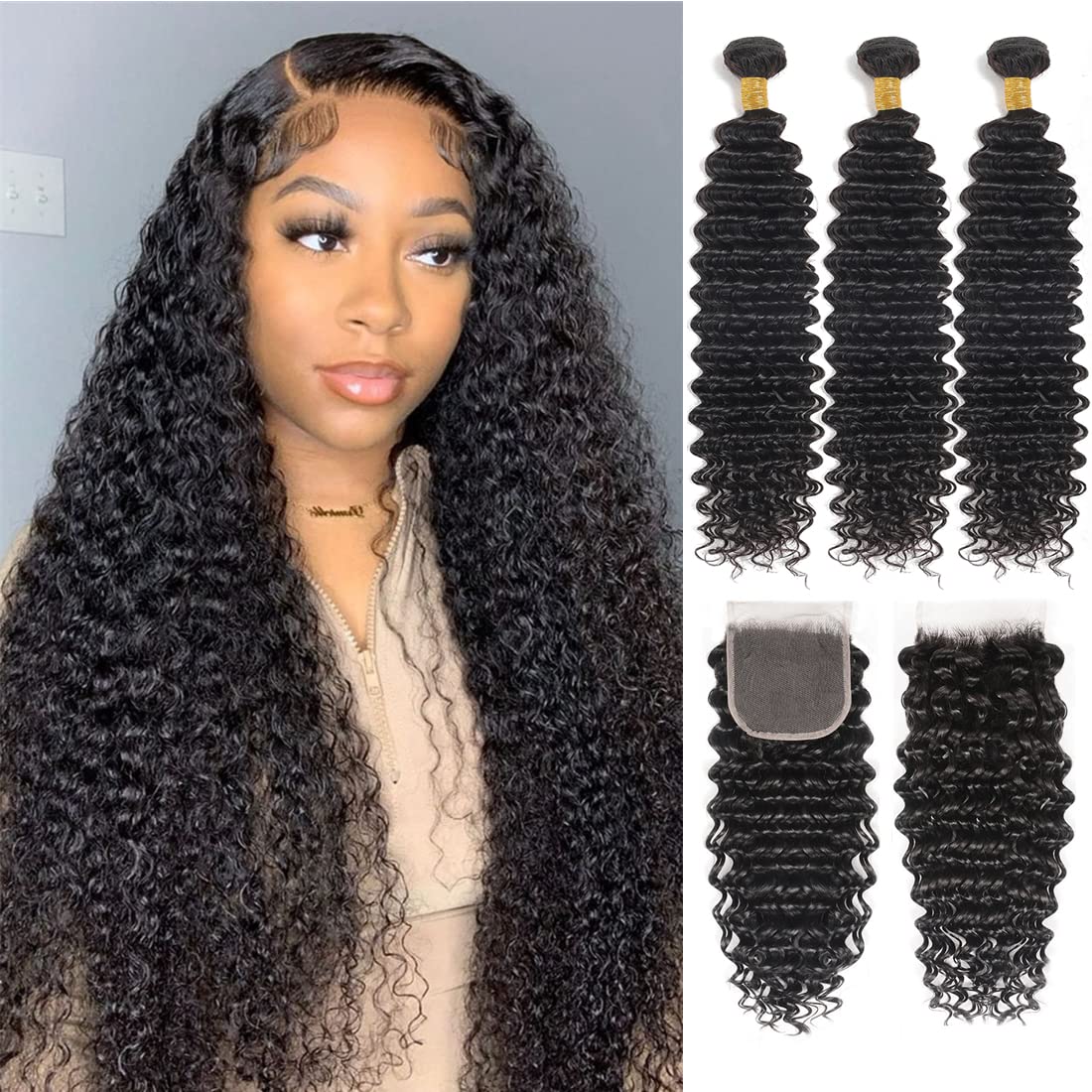 Deep Wave Bundles and Closure (26 28 30+22 Closure) Human Hair Curly 3 Bundles and Closure Free Part 100% Unprocessed Remy Hair 4x4 Lace Closure with