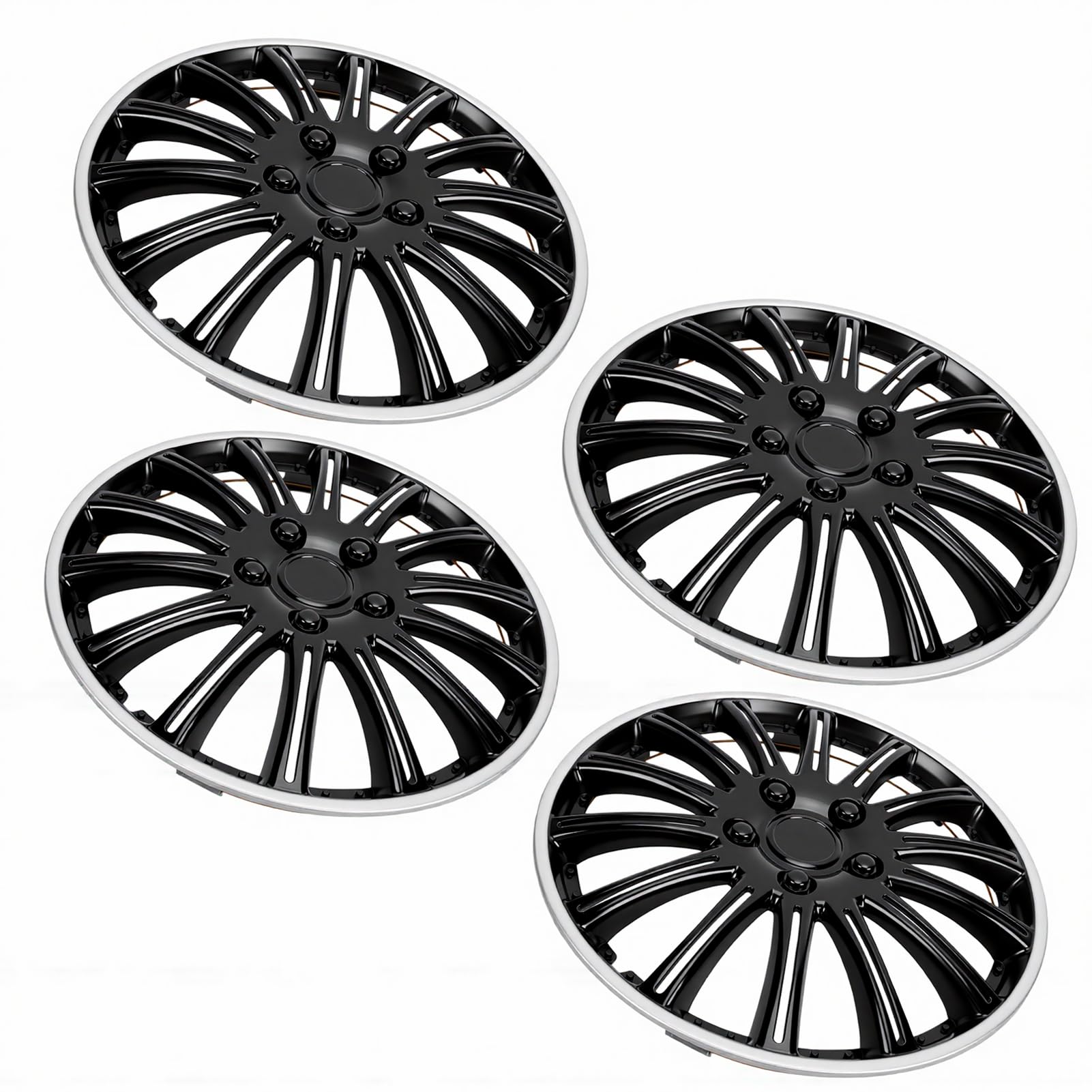 Fockety Coprimozzo Ruota, Resistente Agli Urti, AntiGraffio, Elegante Design Nero Argento, Coprimozzo Ruota da 14", Copricerchi a Scatto in Plastica ABS, Universale, con Set da 4 Pezzi, per Auto,