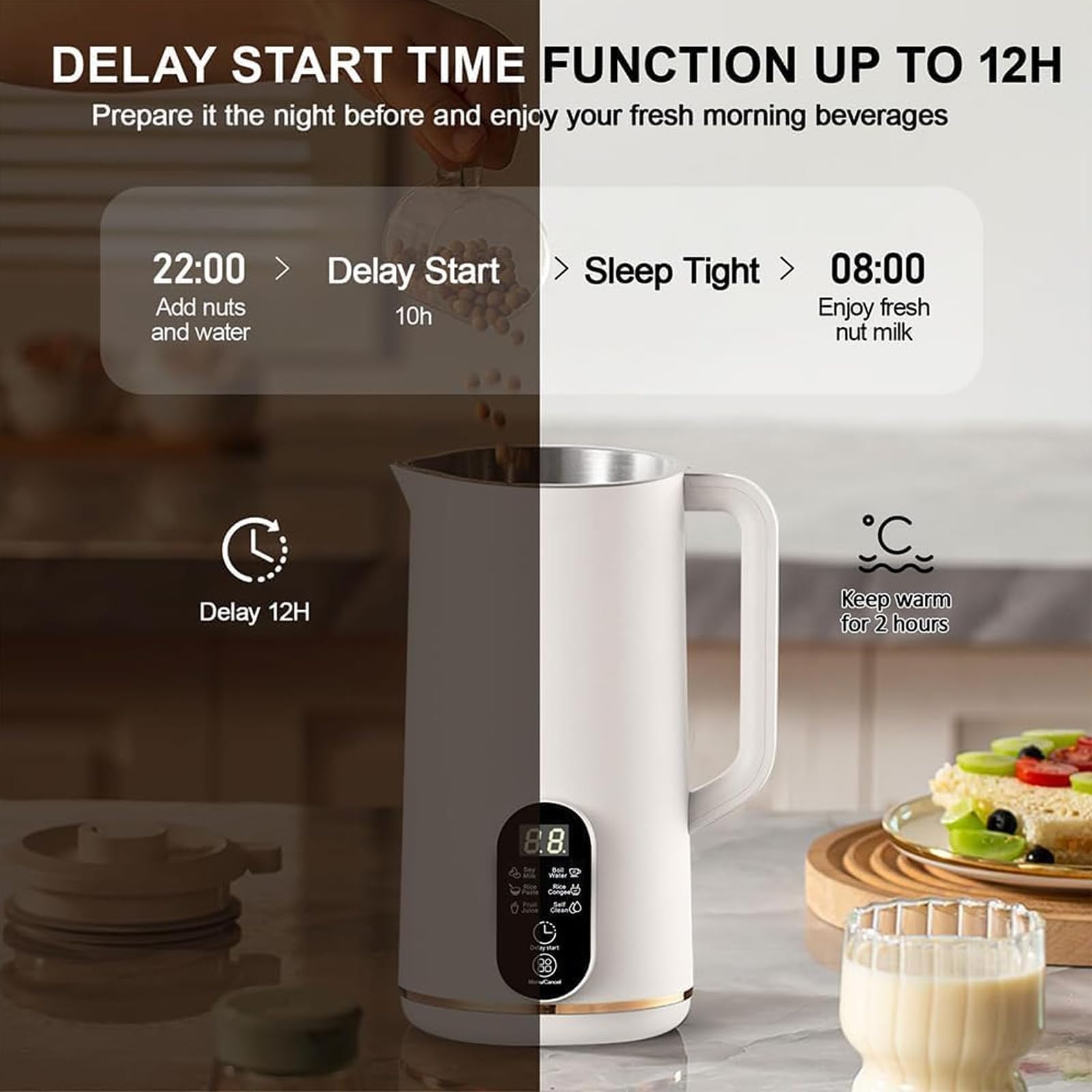 Maszyna do Mleka Sojowego 650ml, Automatyczna Maszyna 6 w 1 do Mleka Orzechowego i Owsianego z Wyświetlaczem LED, Bez Namaczania, Timer, Samoczyszcząca & Funkcja Podgrzewania, Mleko Roślinne do green