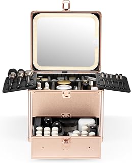 Makeup Box with Drawer and A Detachable Lighted Mirror, Waterproof Travel Train Case, Cosmetic Organizer and Makeup Suitcase with Adjustable Dividers, Magnetic LED Mirror (Rose Gold)