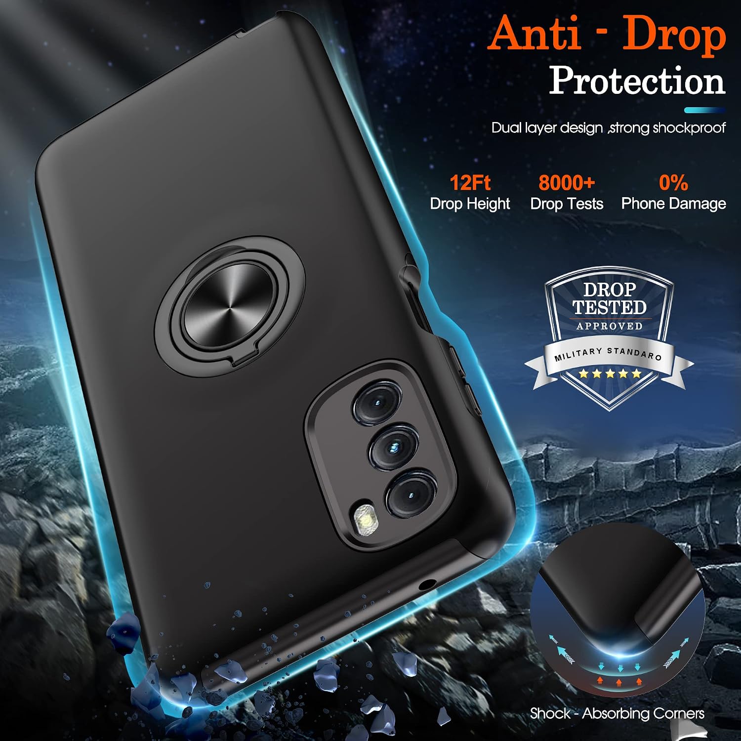 Gritup Designed for Moto G Stylus 2022 Case with HD Screen Protector, [Military Grade] Shockproof Protection Phone Case with 360° Magnetic Ring Holder Kickstand Case for Moto G Stylus 2022, Black