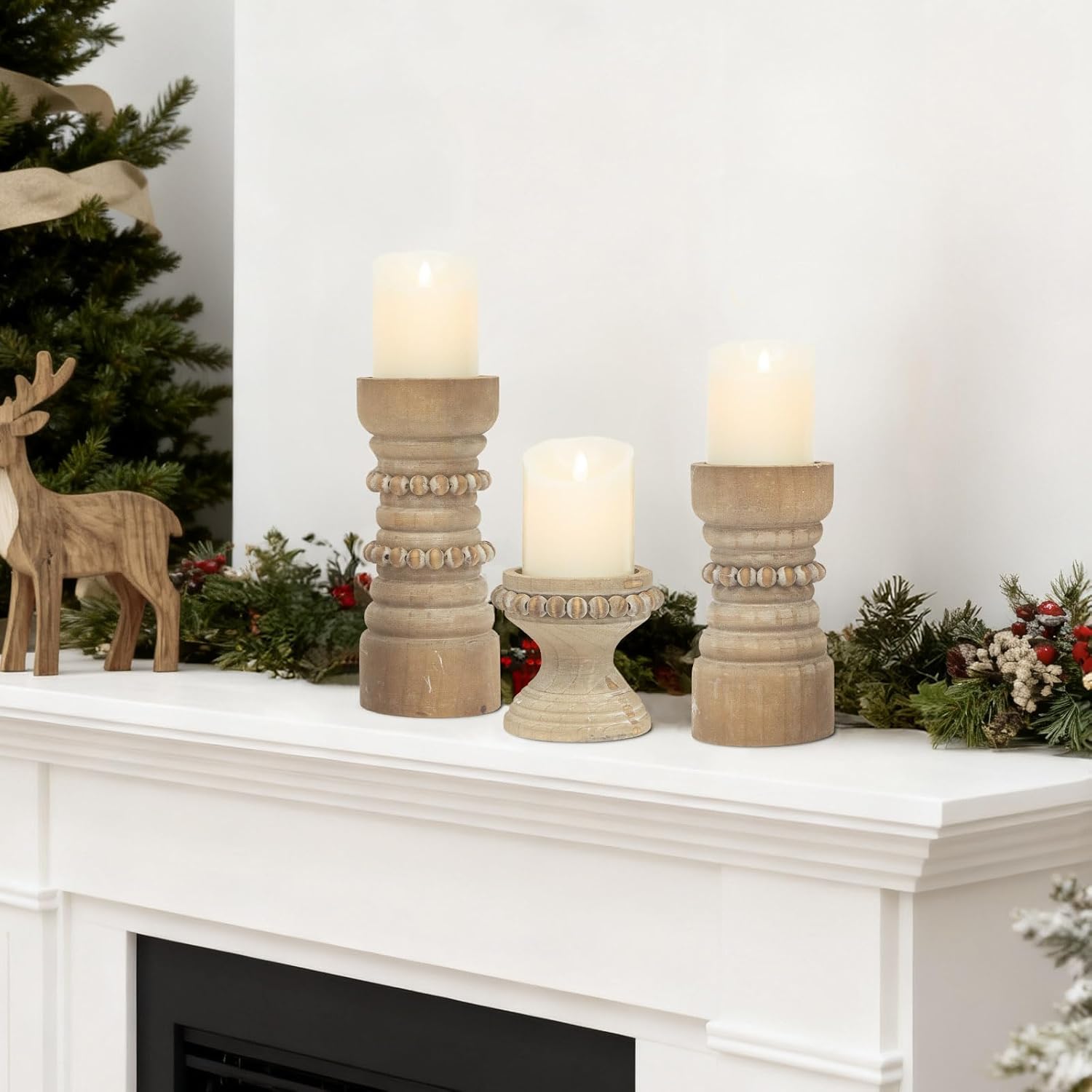 MODE HOME Rustic Natural Wood Candle Holders Set of 3, Farmhouse Beaded Wood Pillar Candle Holder, Candle Holders for Pillar Candles & Candlesticks, Candle Sticks Holder Decor for Table Centerpiece