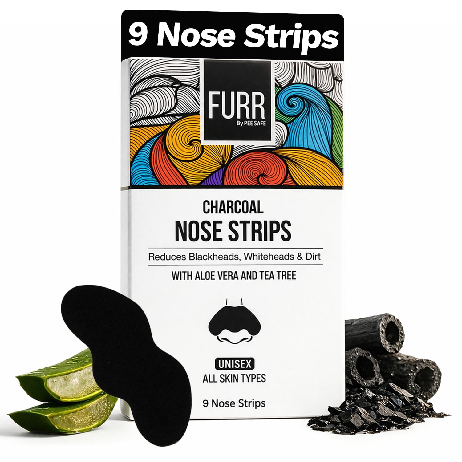 FURR By Pee Safe Blackhead Remover Bamboo Charcoal Nose Strips (Pack of 9) | With Aloe Vera & Tea Tree Oil | Reduces & Prevents Blackheads, Whiteheads, Dirt and Oil | Cleanses Pores-image-1