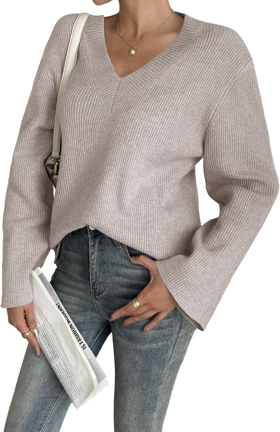 Yousify Womens V Neck Oversized Sweaters Long Sleeve Knit Pullover Trendy Casual Chunky Sweater - Image 5