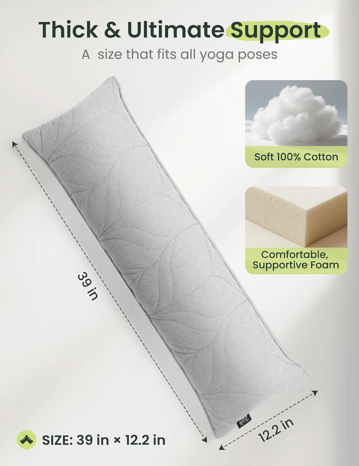 ZonLi Supportive Foam Long Lumbar Pillow for Bedroom,Bed Couch & Bench, with 100% Cotton Breathable Cover, Firm Bolster Pillow for Back and Side, 39"x12.2", Gray