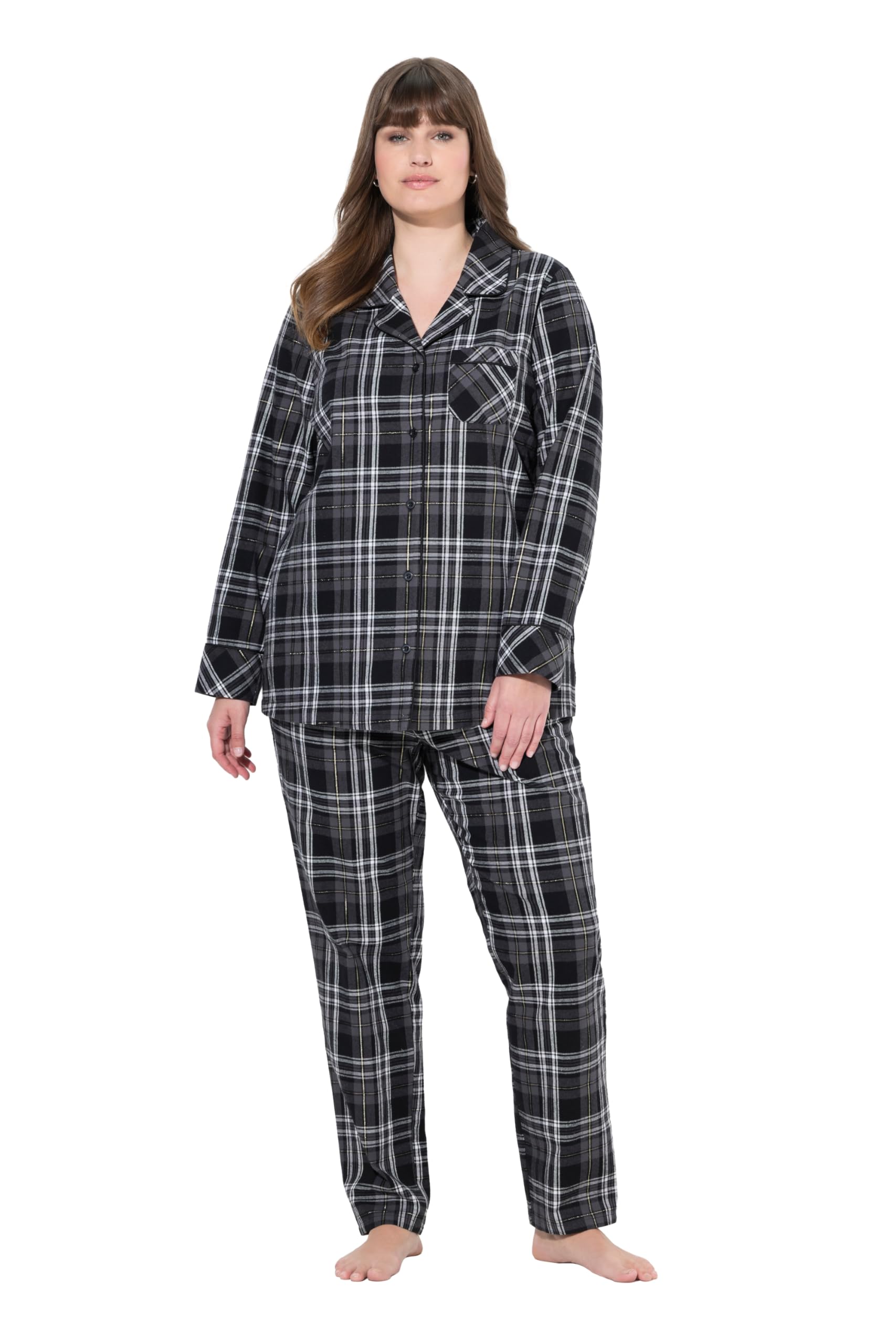 Ulla Popken Damen große Größen Übergrößen Plus Size Pyjama, Flanell, Karo, Reverskragen, Langarm 810202
