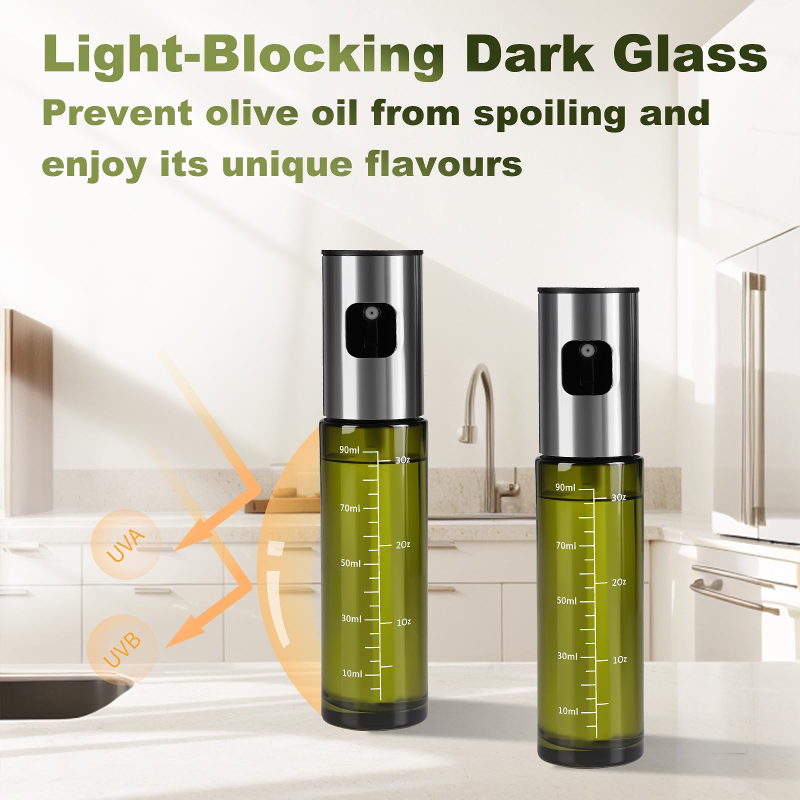 Byitin 2 pezzi Spruzzino Olio per Friggitrice Aria 100ml, Spruzzatore per Olio d'oliva in Vetro Verde con Protezione UV, Vaporizzatore Nebulizzatore Oil per Cucina, Barbecue con imbuto grande