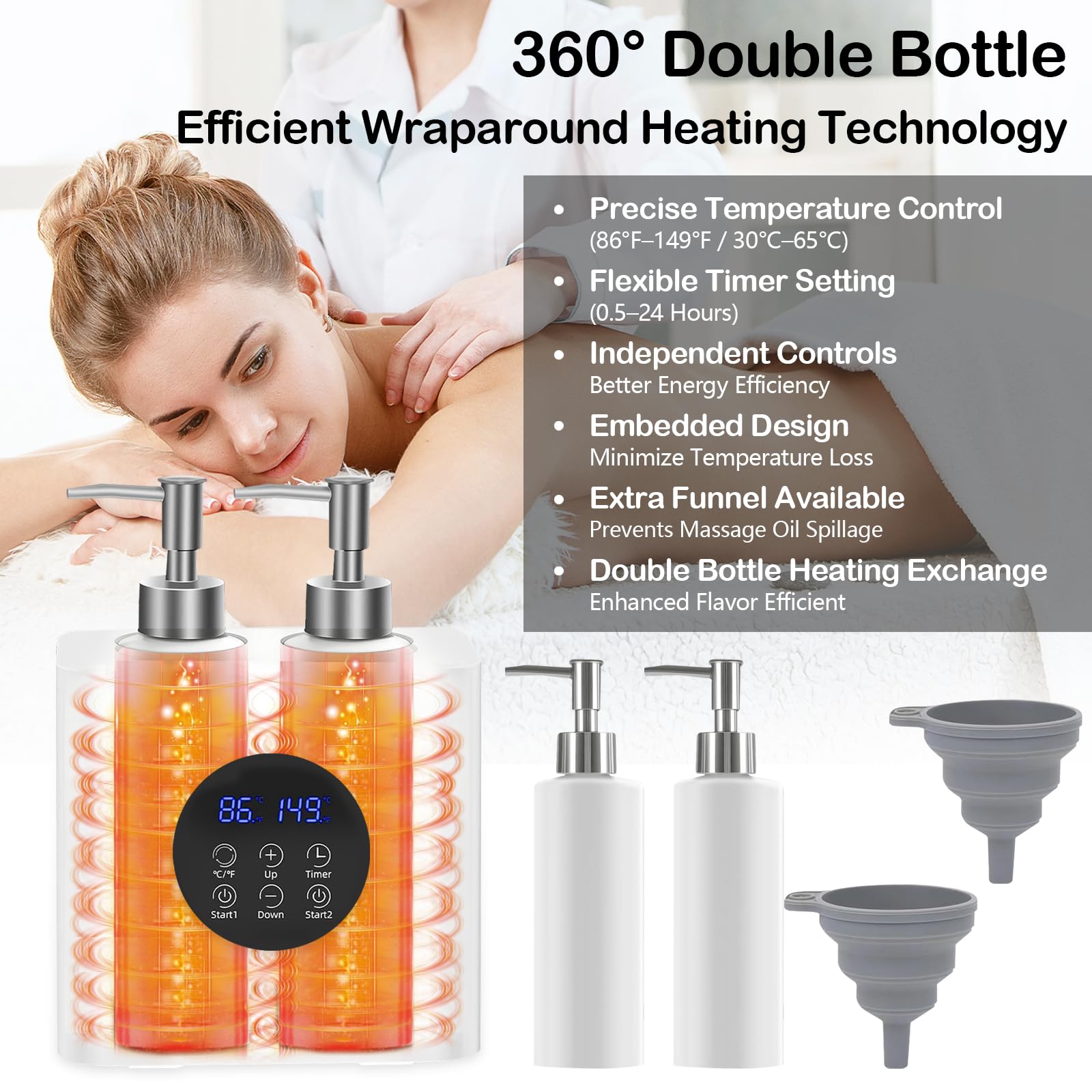 Chauffe-huile de massage double avec quatre distributeurs de bouteilles d'huile, 900ml réglable en continu 0-65°C contrôle thermostat lotion avec protection anti-gouttes pour salon & ménage SPA