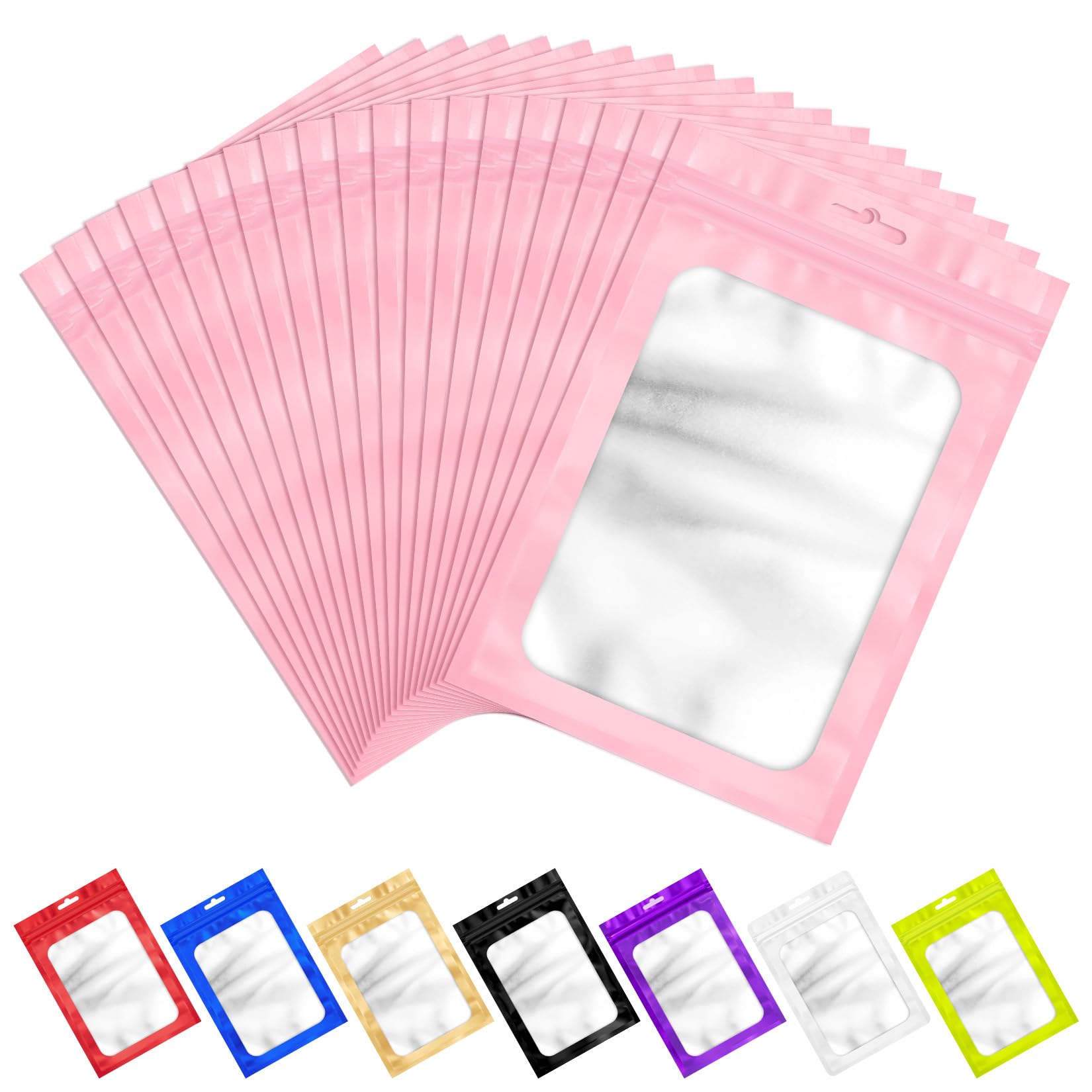 100 Pcs Pink Resealable Mylar Bags with Frosted Clear Window Packaging Bags Foil Pouch Zipper Bag for Food Self Sealing Storage Supplies 7.08x10.24