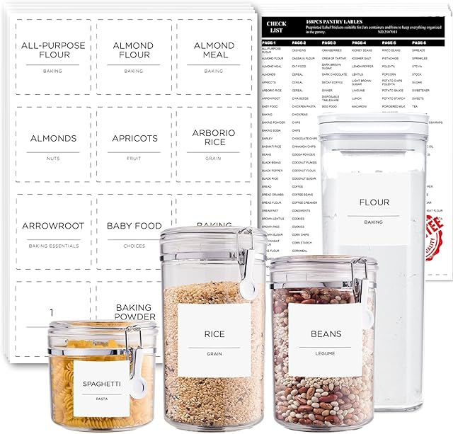 168 Pantry Labels, Prefdo Minimalist Farmhouse Waterproof Preprinted Food Name Stickers + Numbers for Kitchen Organization Storage Containers, Jars & Canisters (White)
