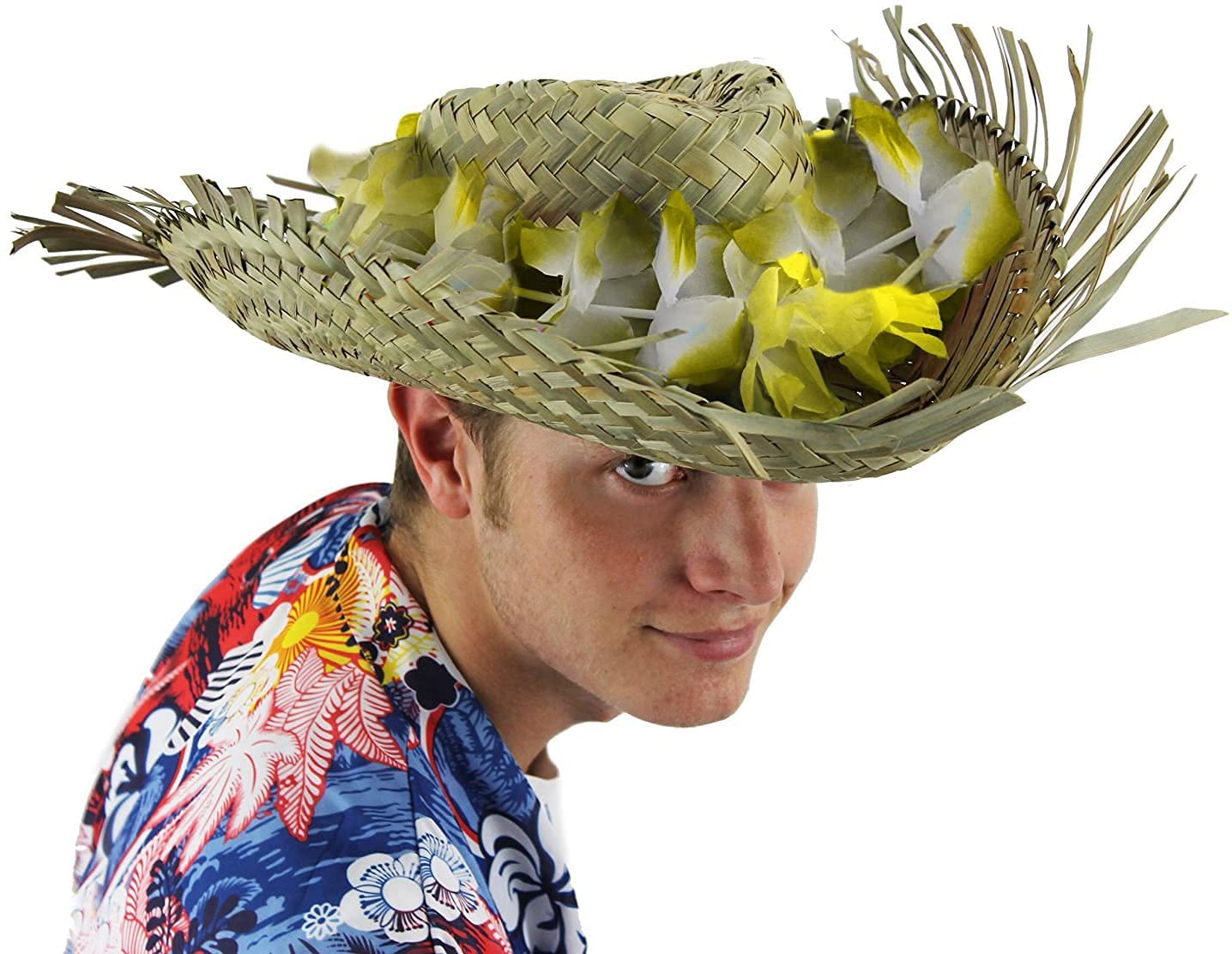 Hawaiian Hat with Decorative Flower Lei – Summertime Dress Up, Beach Party and Holiday Fancy Dress Accessory (Yellow Flowers)