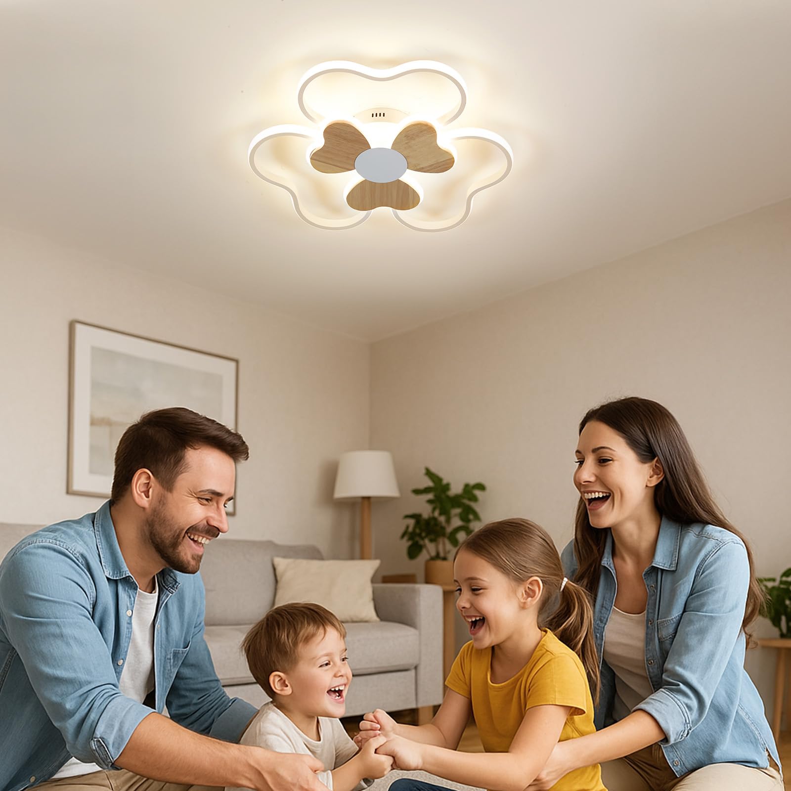Lampara Infantil Techo,48W Lampara Techo LED Infantil Dormitorio Forma de flor Madera 3000K-6000K Regulable con Control Remoto, Plafón LED Techo de 50CM para Cuarto de Niños Dormitorio