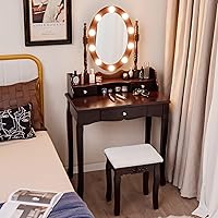 Vista 19 de CHARMAID Escritorio de maquillaje para niñas con luces, mesa de tocador con espejo iluminado, 3 modos de iluminación, brillo ajustable, mesa