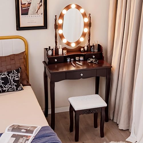 CHARMAID Juego de tocador con espejo ovalado iluminado, tocador de maquillaje con 10 bombillas LED regulables y 3 cajones, mesa de maquillaje
