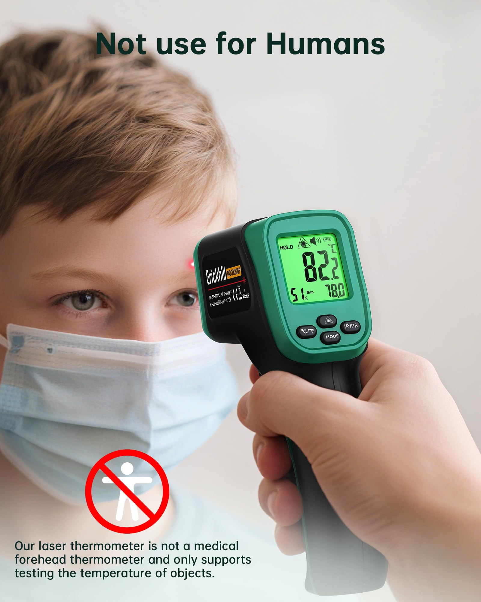 ERICKHILL Infrarot-Thermometer -50°C bis 800°C, berührungsloses digitales Laserthermometer mit -50°C bis 300°C Fleischsonde, einstellbarer Emissionsgrad – geeignet zum Kochen/Grillen/Einfrieren
