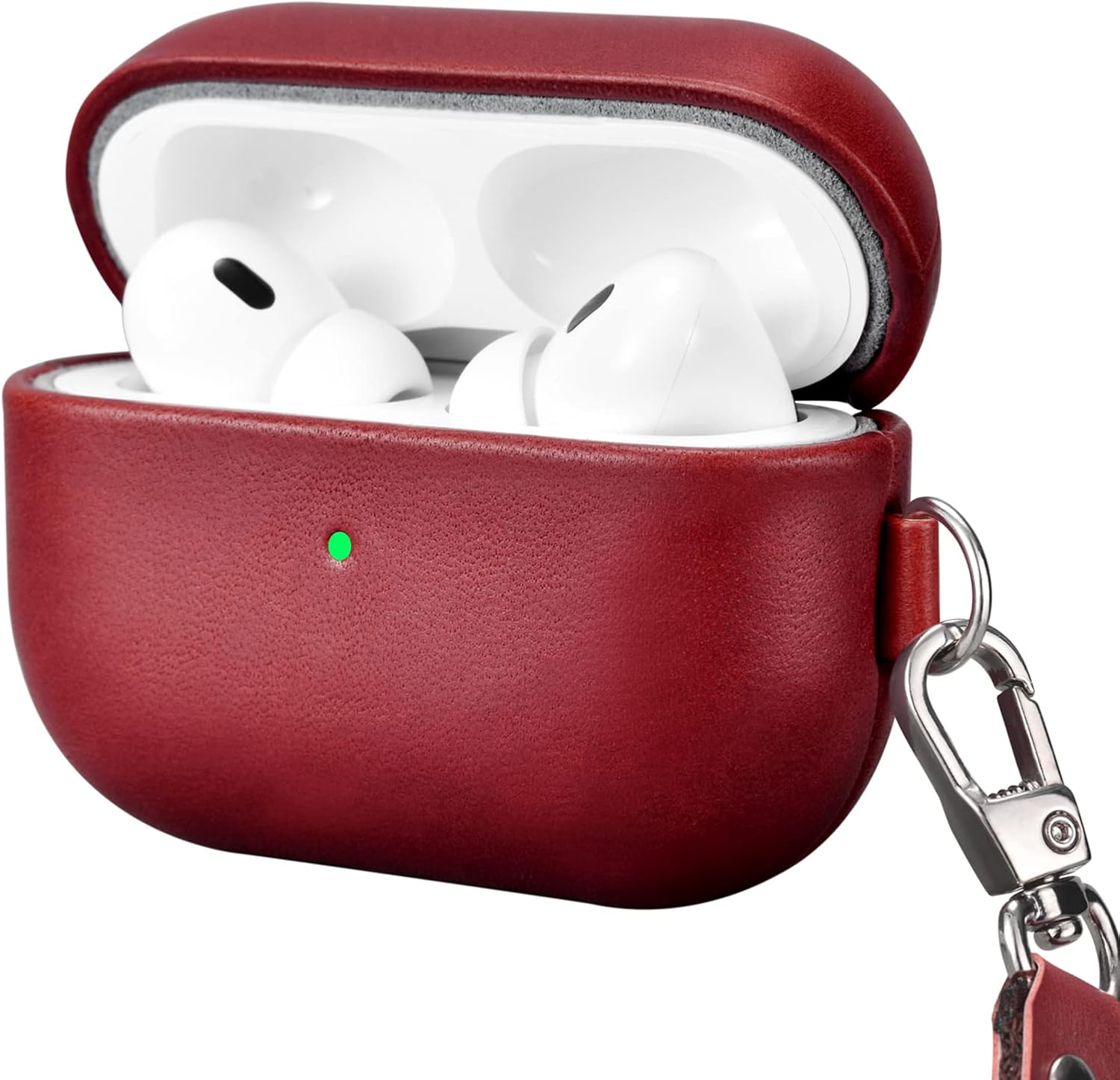 ICARERFAMILY Leather Case for AirPods Pro 2 (2022), Genuine Leather Shockproof Protective Cover with Lanyard for Apple AirPods Pro 2 Earphones Charging Case (LED Visible) Support Wireless Charger Red