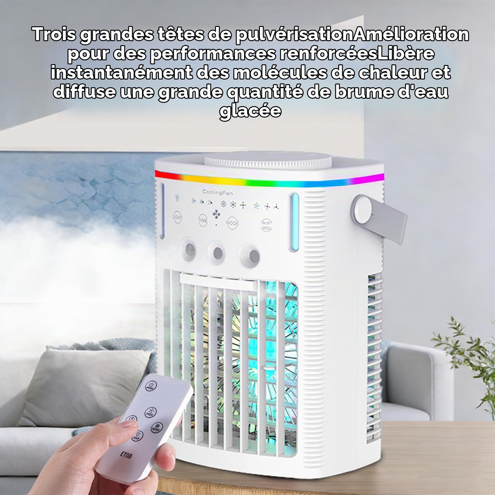 Climatiseur portable avec réservoir d'eau de 1000 ml, mini rafraîchisseur d'air, climatiseur 4-en-1 USB avec veilleuse LED 7 couleurs, idéal pour la cuisine, le bureau, la chambre et le camping