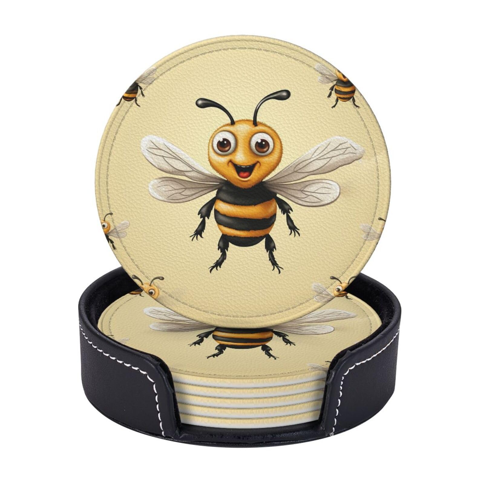 Round Coasters for Drinks Set of 6 - PU Leather Coasters with Holder - Modern Drink Coasters for Coffee Table - Honey Bee Coaster for Tabletop Protection 4" Cup Mat Pad