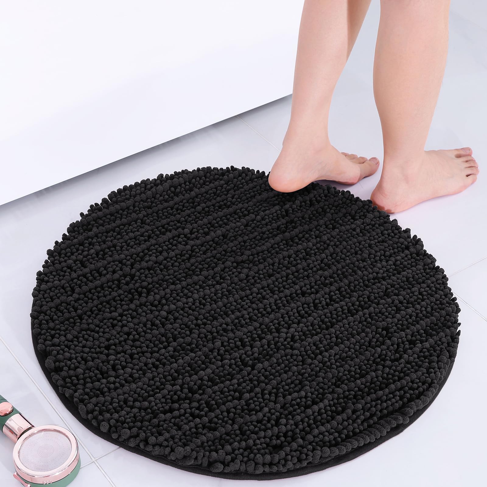 Arotive Luxury Round Chenille Bathroom Rug Mat, Extra Soft Thick Absorbent Shaggy Bath Rugs, Non-Slip Machine Wash Dry Plush Bath Mats for Bathroom, Shower, and Tub (24"x24", Black)