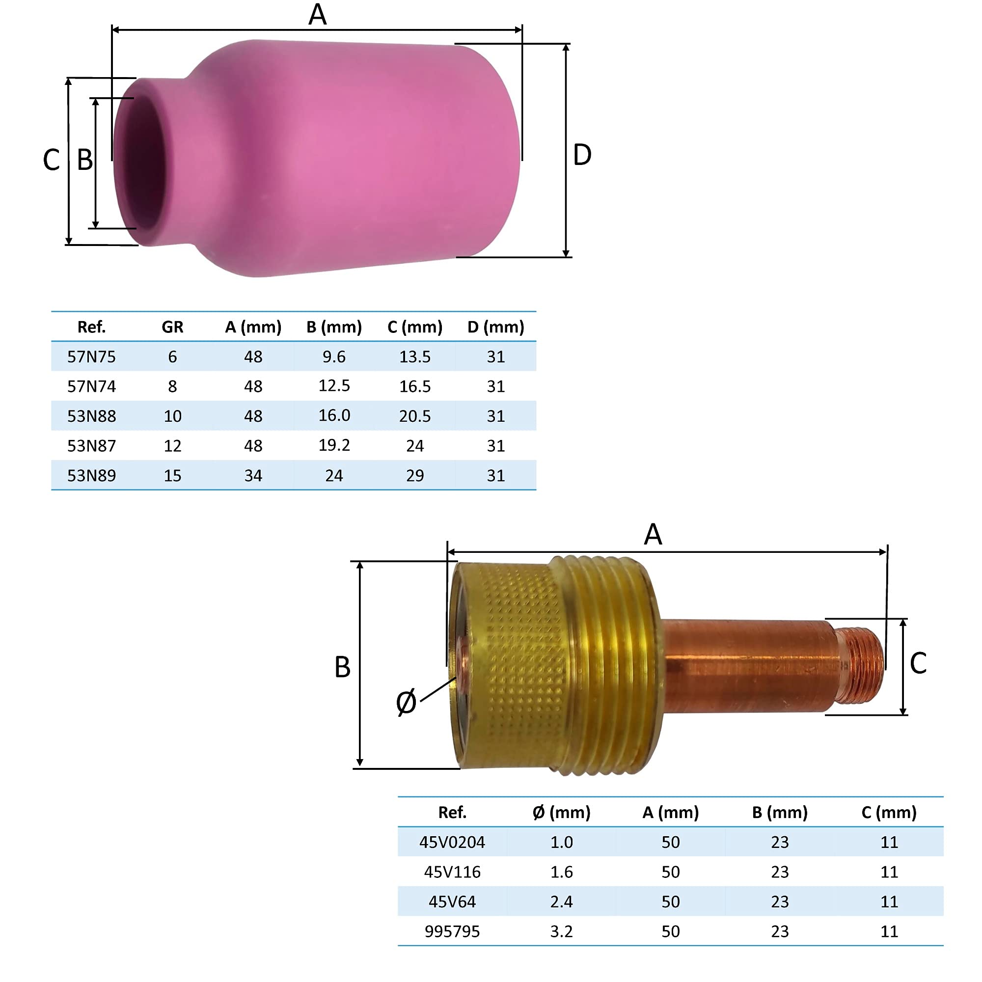 ELCAN Consumibles y accesorios profesionales para antorcha soldadura TIG serie WP 17 18 26 con toberas cerámicas, boquillas, difusores, tapones y porta-tungstenos. 66 piezas