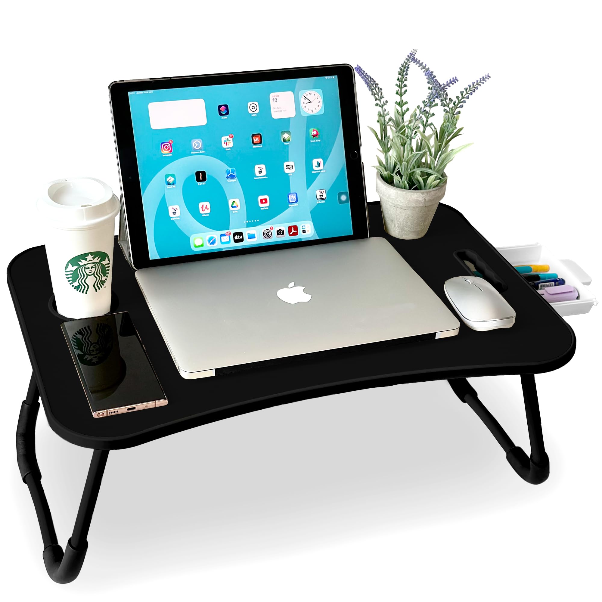 unycos - Bandeja para Cama, Mesa Plegable de Desayuno, Ideal para Portátil, Ordenador y Libros, Ergonómica, Mesa Auxiliar con Atril para Leer en la Cama 60x40x26 cm (Negro/Gris con Cajón)