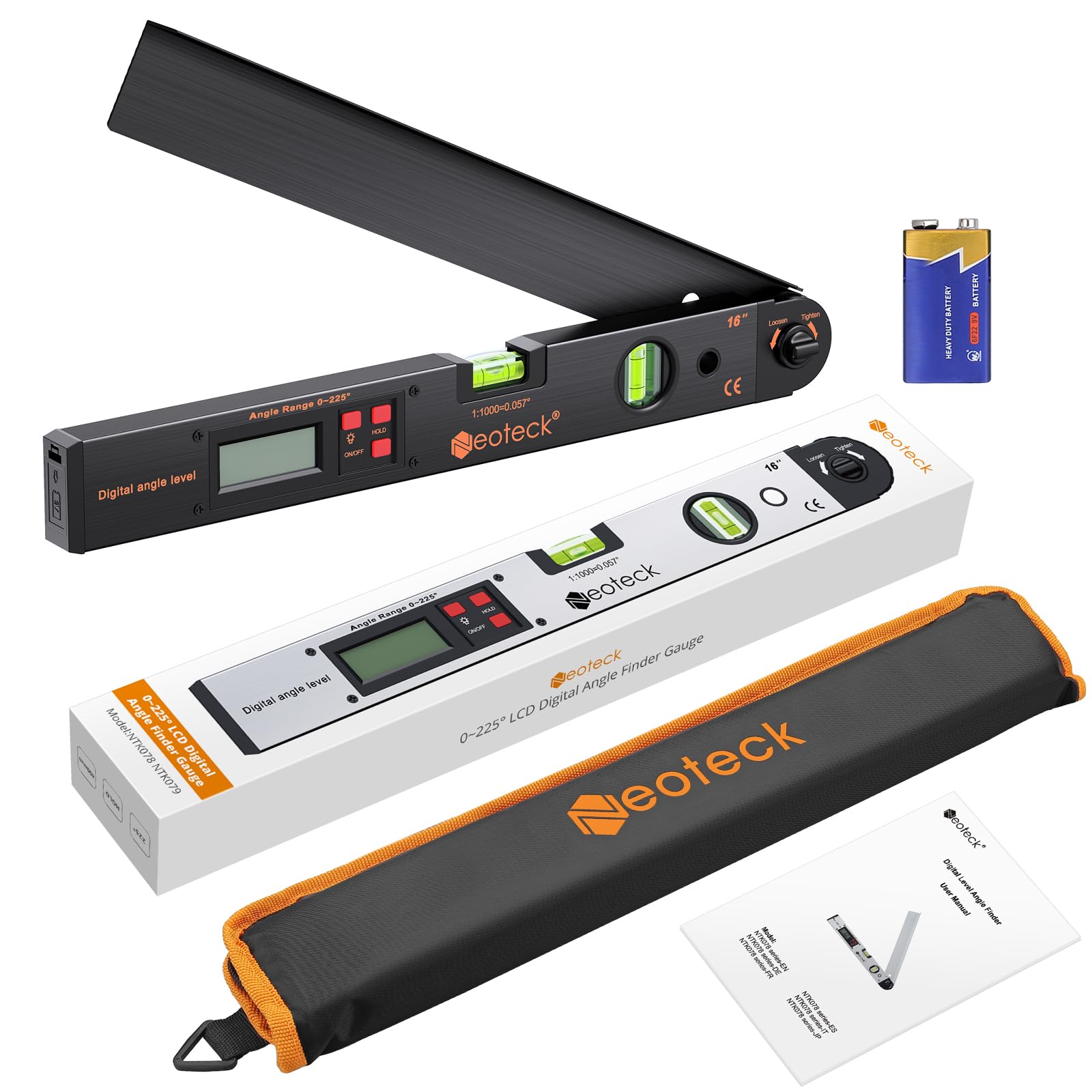 Neoteck 400mm/0~225°Rapporteur d’Angle Numérique – Règle Angle avec Niveau Bulle, Écran LCD Rétroéclairé, Fonction HOLD, Étui et Pile – Outil de Mesure Précis pour Menuiserie, Toiture, Chantier-Noir