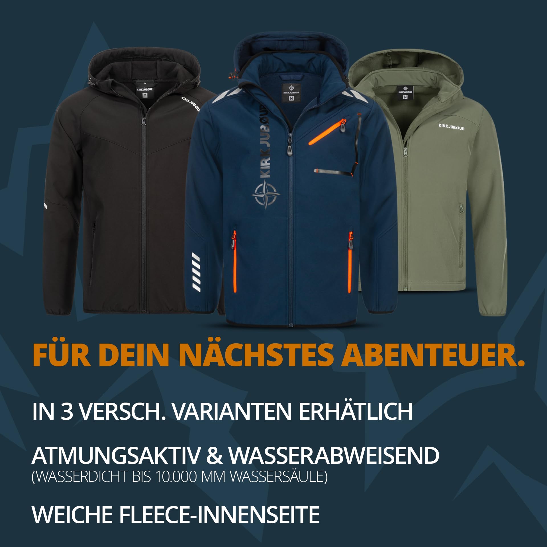 Kirkjubøur® Herren SOFTSHELLjacke 10.000 mm Wassersäule mit Kapuze und Fleecefutter, atmungsaktiv und wasserabweisend