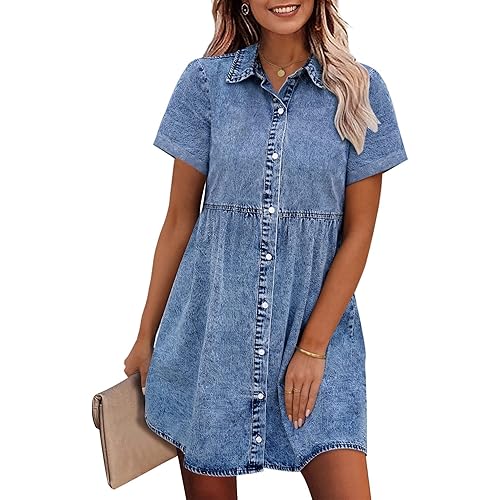 GRAPENT Denim Dress for Women Babydoll Tiered Short Sleeve Button Down Jean Shirt Dresses
