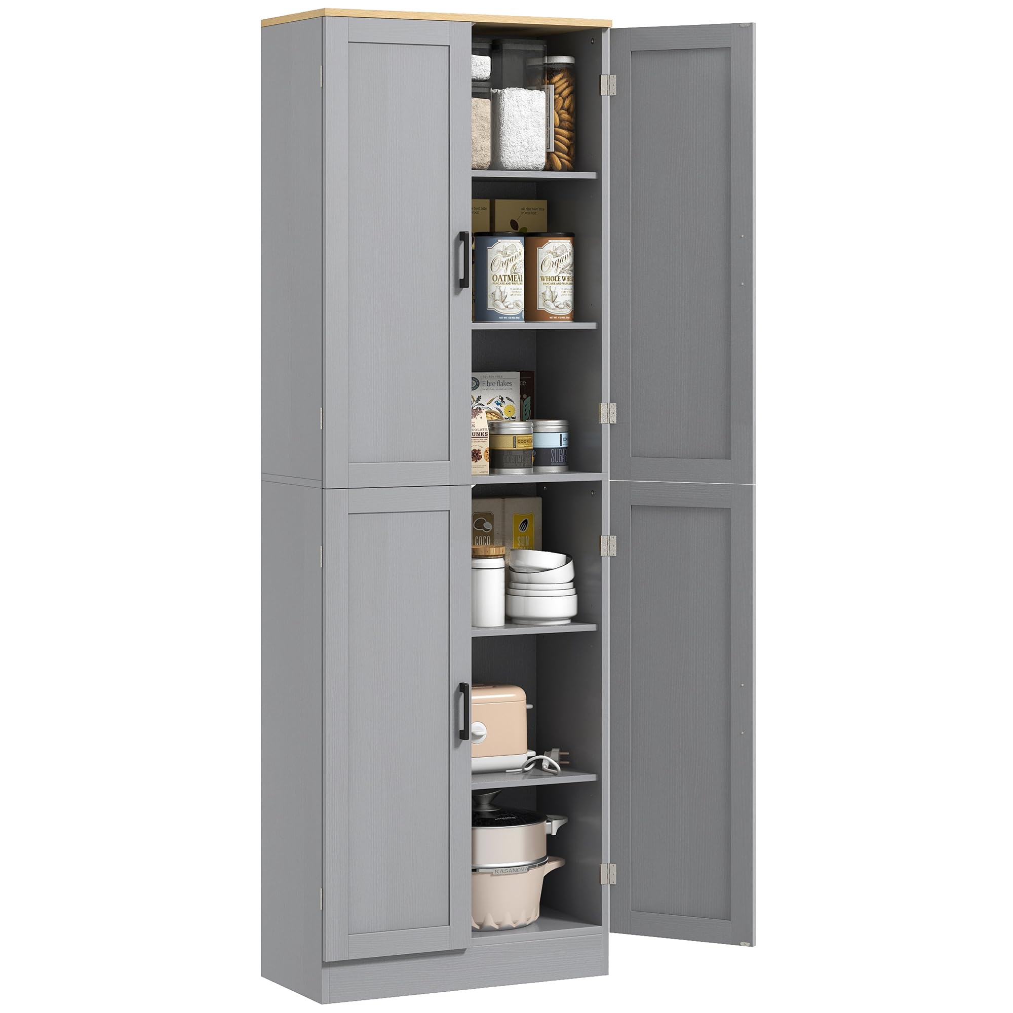 HOMCOM 67" Freestanding Kitchen Pantry, 4-Door Storage Cabinet Organizer with Adjustable Shelves, Kitchen Cabinet with Doors and Shelves, Distressed Gray