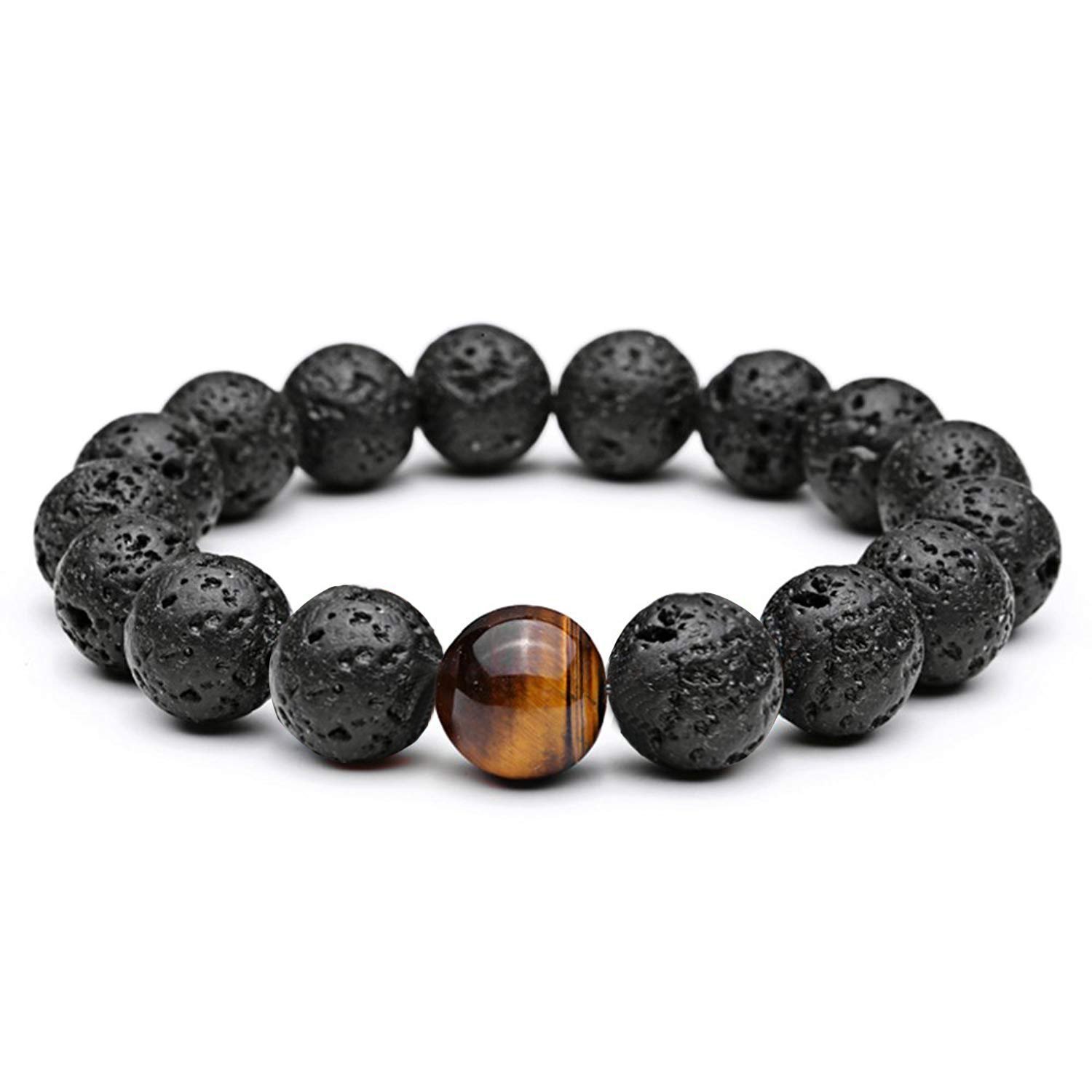 LOLOJ 12mm Mens Fashion Tiger Eye Lava Stones Healing Energy Beads Yoga Handmade Meditation Bracelet