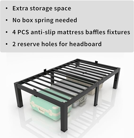 MAF 18 Inch Twin Bed Frame Metal Platform Black with Mattress Slip Stopper