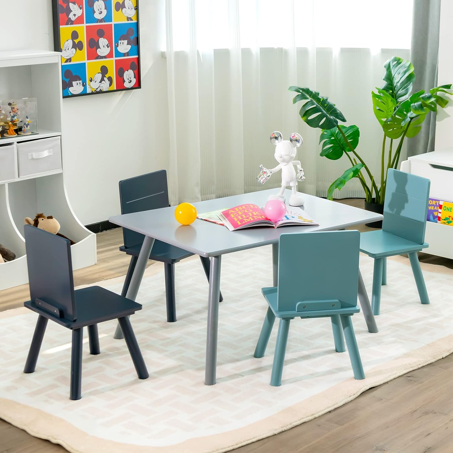 COSTWAY Kids Table and Chair Set with Building Blocks, 5PCS Children