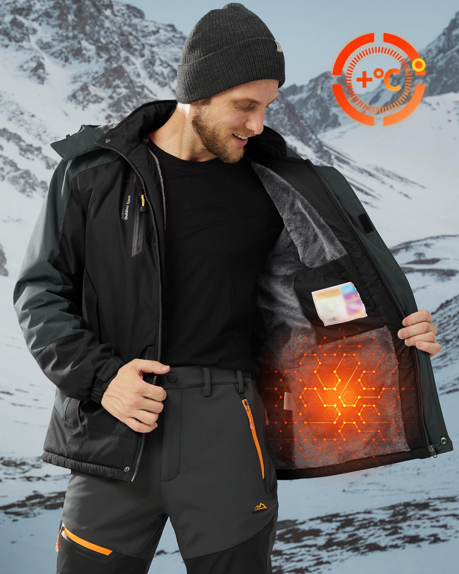 Chaqueta Invierno Hombre Impermeable Esquí con Forro Cálido y Capucha Extraíble