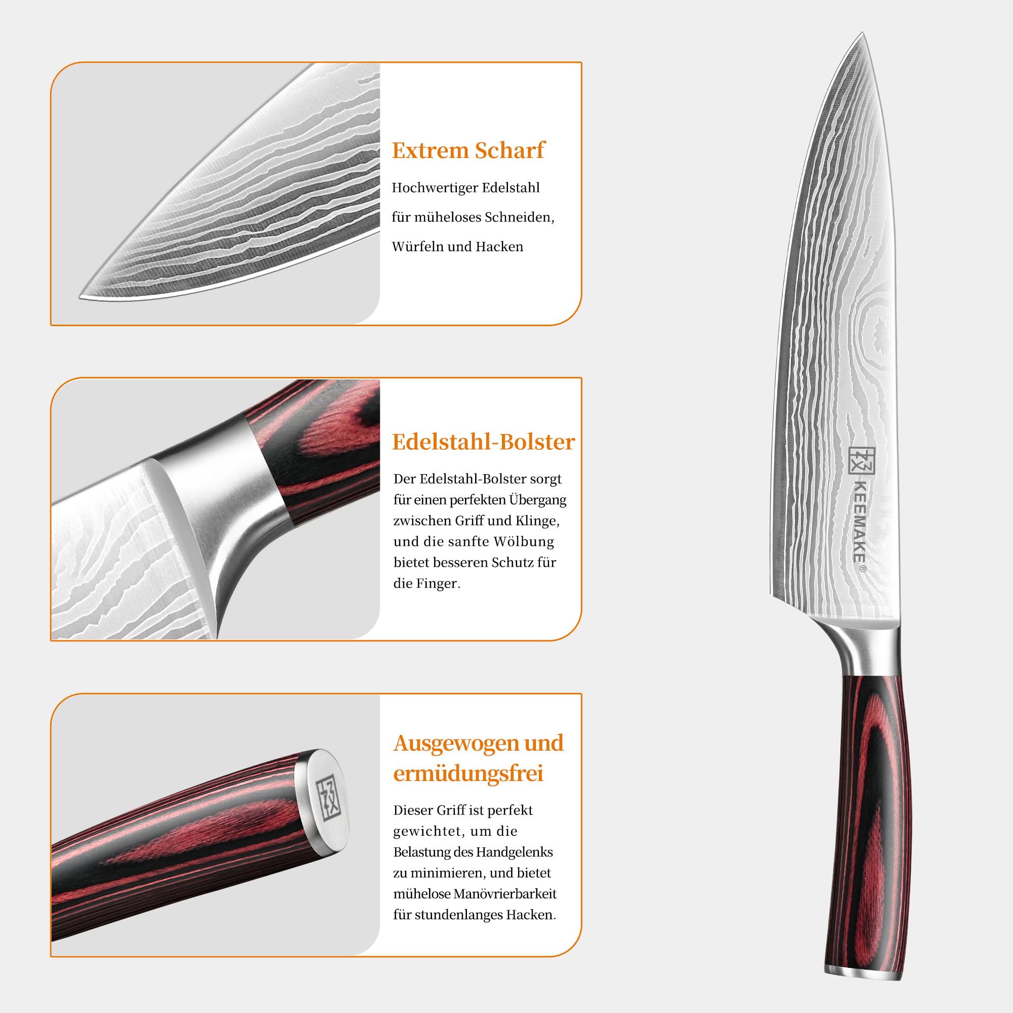 KEEMAKE 5-teiliges Profi Messerset Küchenmesser Set aus scharfem Edelstahl - Japanisches Kochmesser Design mit Pakkaholz Griff, inkl. Santoku, Brotmesser & Geschenkbox, Vatertagsgeschenk für Papa