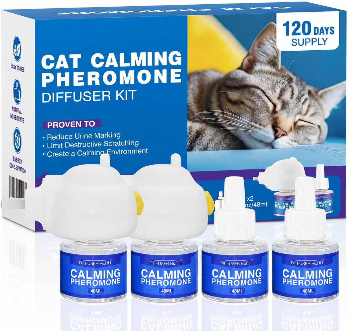 Cat Calming Pheromone Diffuser Stop Scratching Spraying 4 Refill 120 Days | Effectively Relieve Anxiety Stress, Helps Reduce Cats Urinating in House, Spraying, Fighting & Marking, 2 Diffuser+ 4 Refills