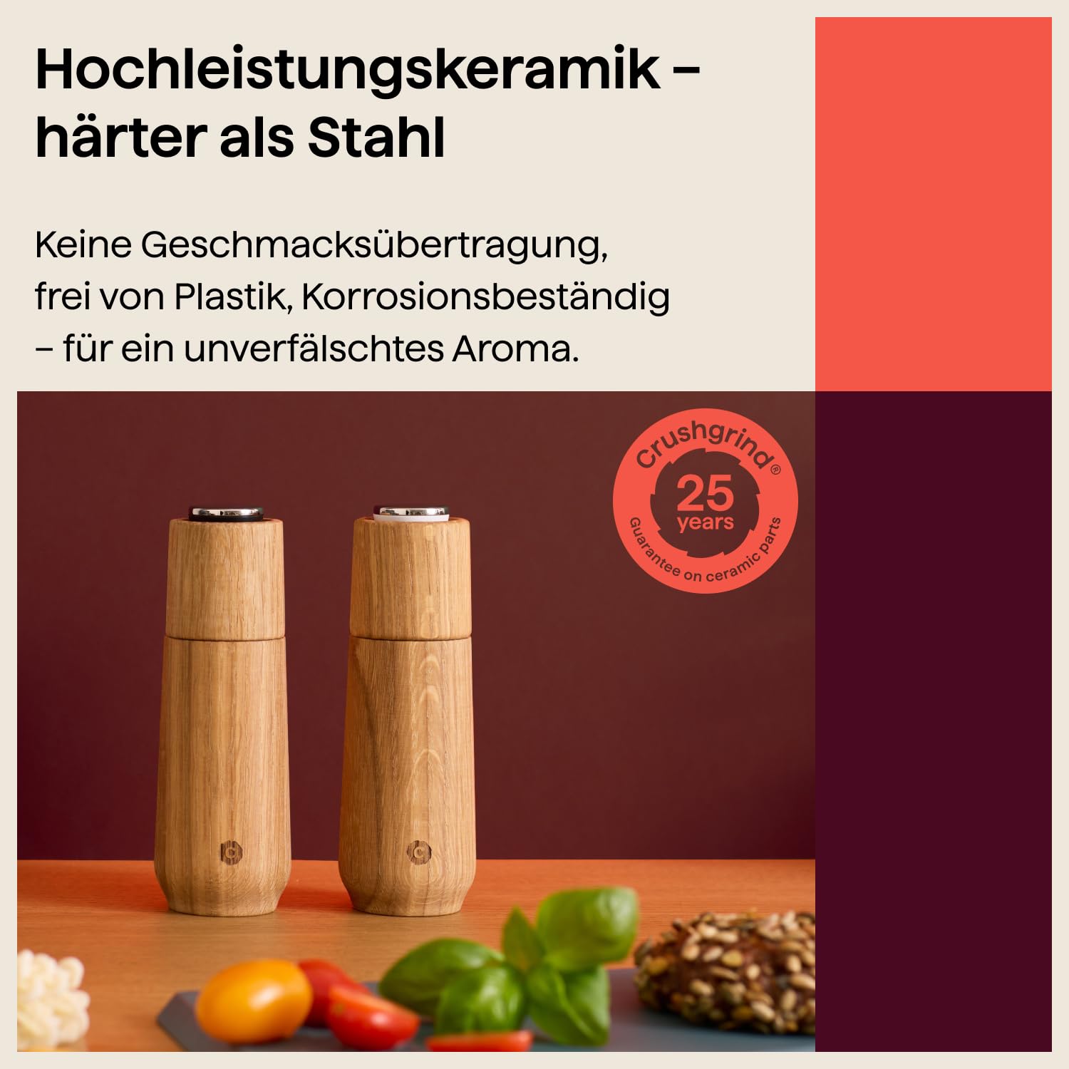 Crushgrind Champagne Gewürzmühle Set aus Eiche mit Keramikmahlwerk | 2x Salz und Pfeffermühle mit verstellbaren Mahlgrad | Set Kräutermühle aus hochwertigen, nachhaltigen Materialien | Eiche 170 mm