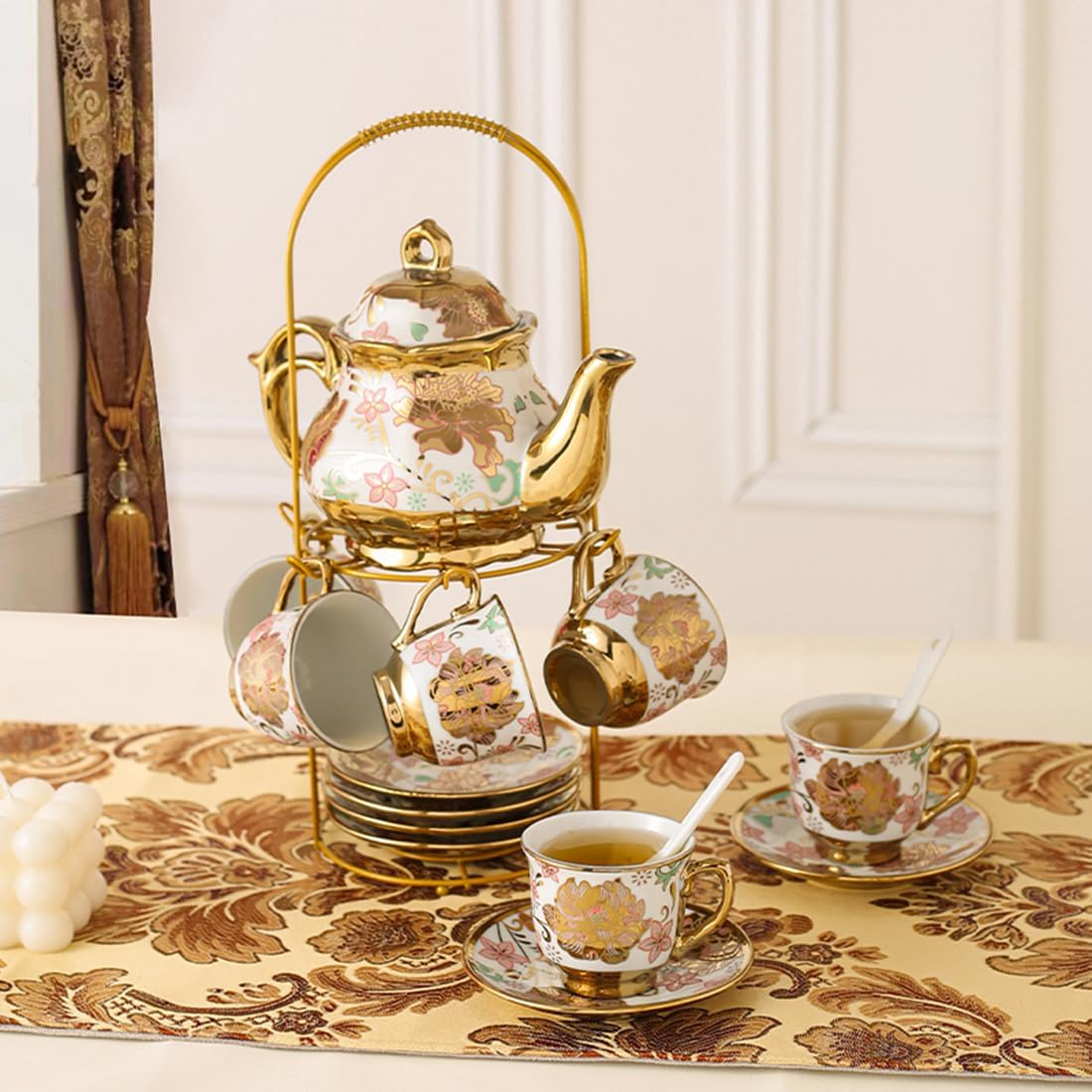 CHANJOON Gold Plated Red Rose Ceramic Tea Set, Vintage Tea Sets with Teapot, Beautiful Tea Set Coffee Serving 6 People (pink, Medium)