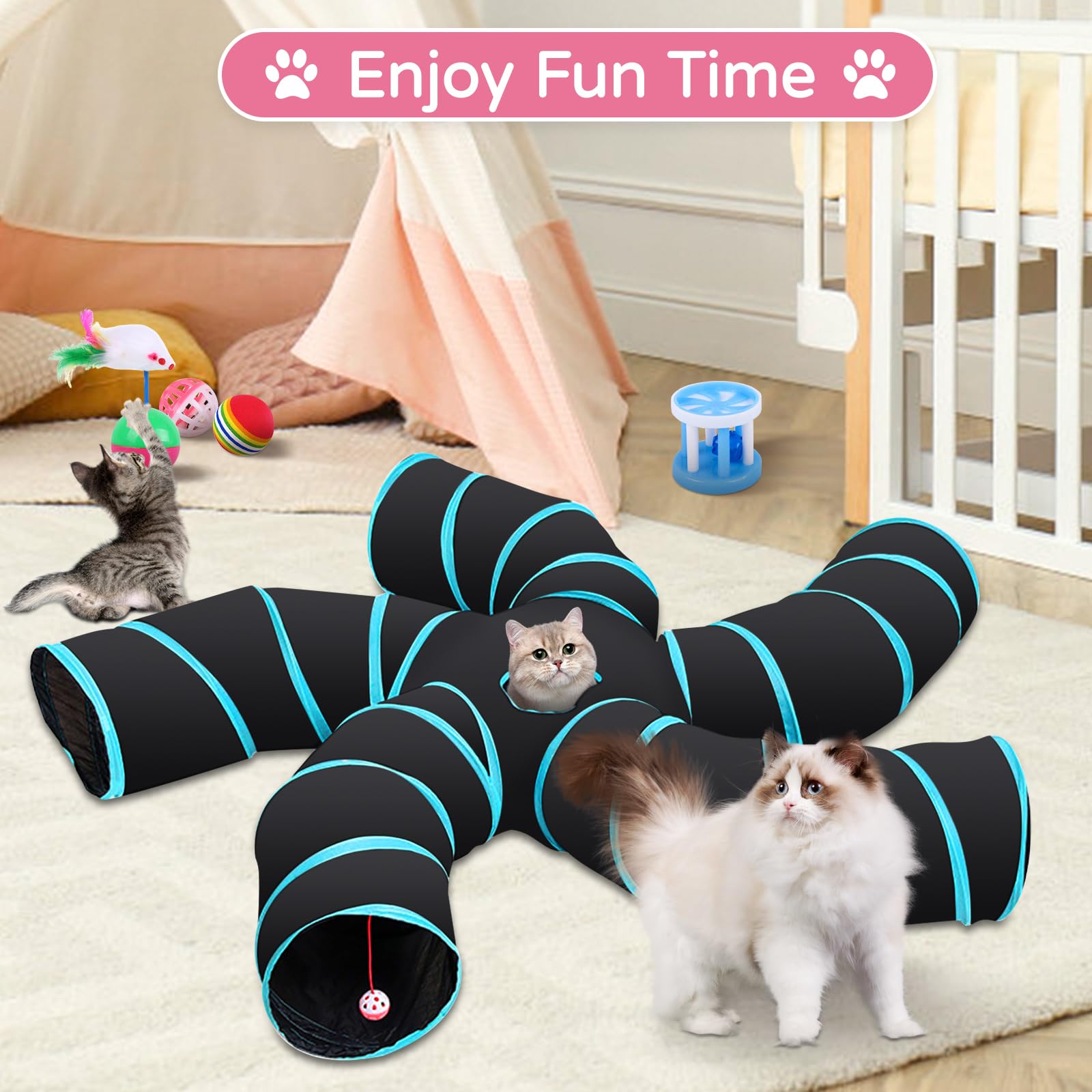 Juguetes para Gatos,35pcs Juguete Interactivo para Gato,Juguetes Gatos con Túnel para Gatos,Ratones,Varita de Plumas,Peces,Bolas y Campanas,Juego de Túnel para Gatos Tubo de 5 Vías