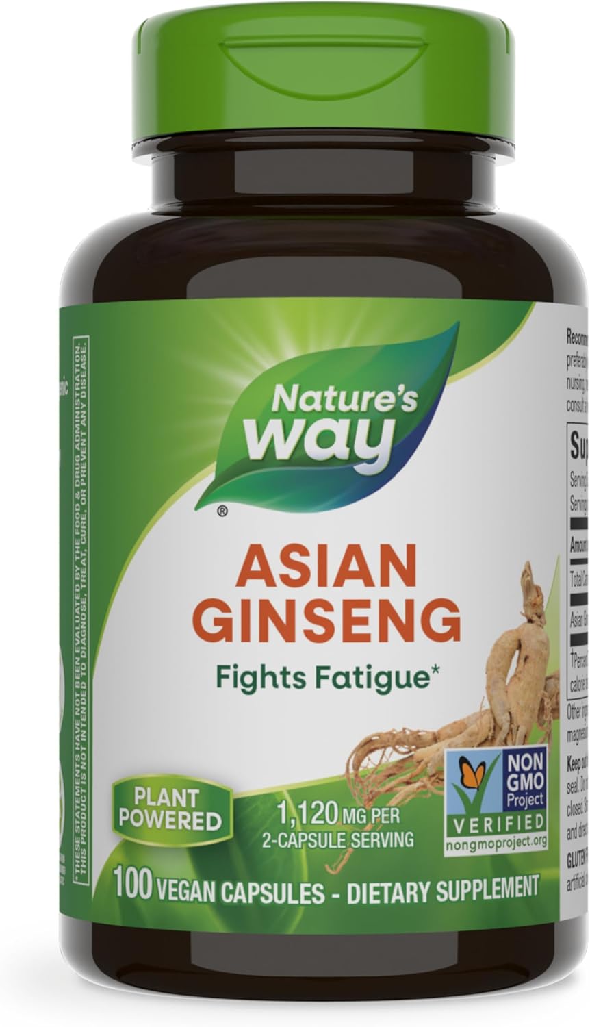 Nature’s Way Asian Ginseng, Fights Fatigue*, 1,120mg Per 2-capsule Serving, Non-GMO Project Verified, Vegan, 100 Capsules (Packaging May Vary)
