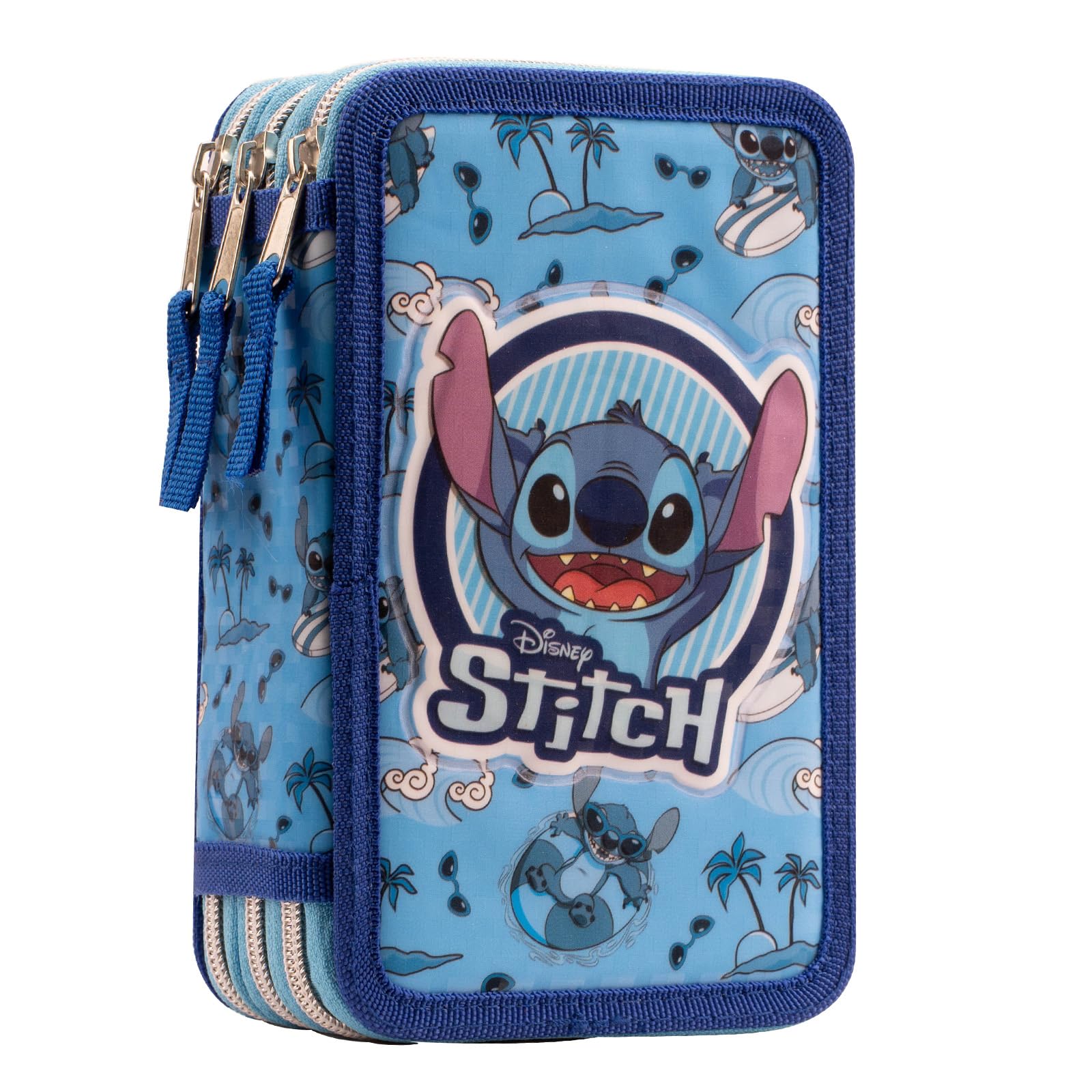 LEIVESTE - Estuche de 3 compartimentos, estuche escolar con 3 cremalleras, con lápices, rotuladores, etc. - Estuche escolar para niña y niño, multicolor, STITCH AZUL