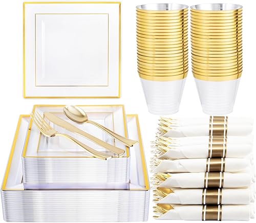 DaYammi 175 platos de plástico dorado, juegos de vajilla de plástico dorado, incluye 25 platos llanos, 25 platos de ensalada, 25 servilletas