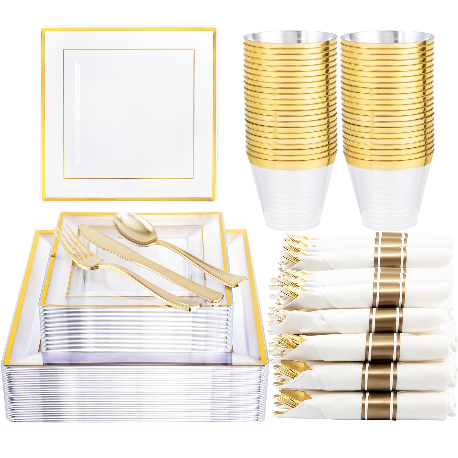 DaYammi 175 PCS Clear Gold Plastic Plates,Gold Plastic Dinnerware Sets,Includes: 25 Dinner Plates,25 Salad Plates,25 Pre Rolled Napkins with silverware,25 Cups 9 OZ, Perfect for Wedding and Party